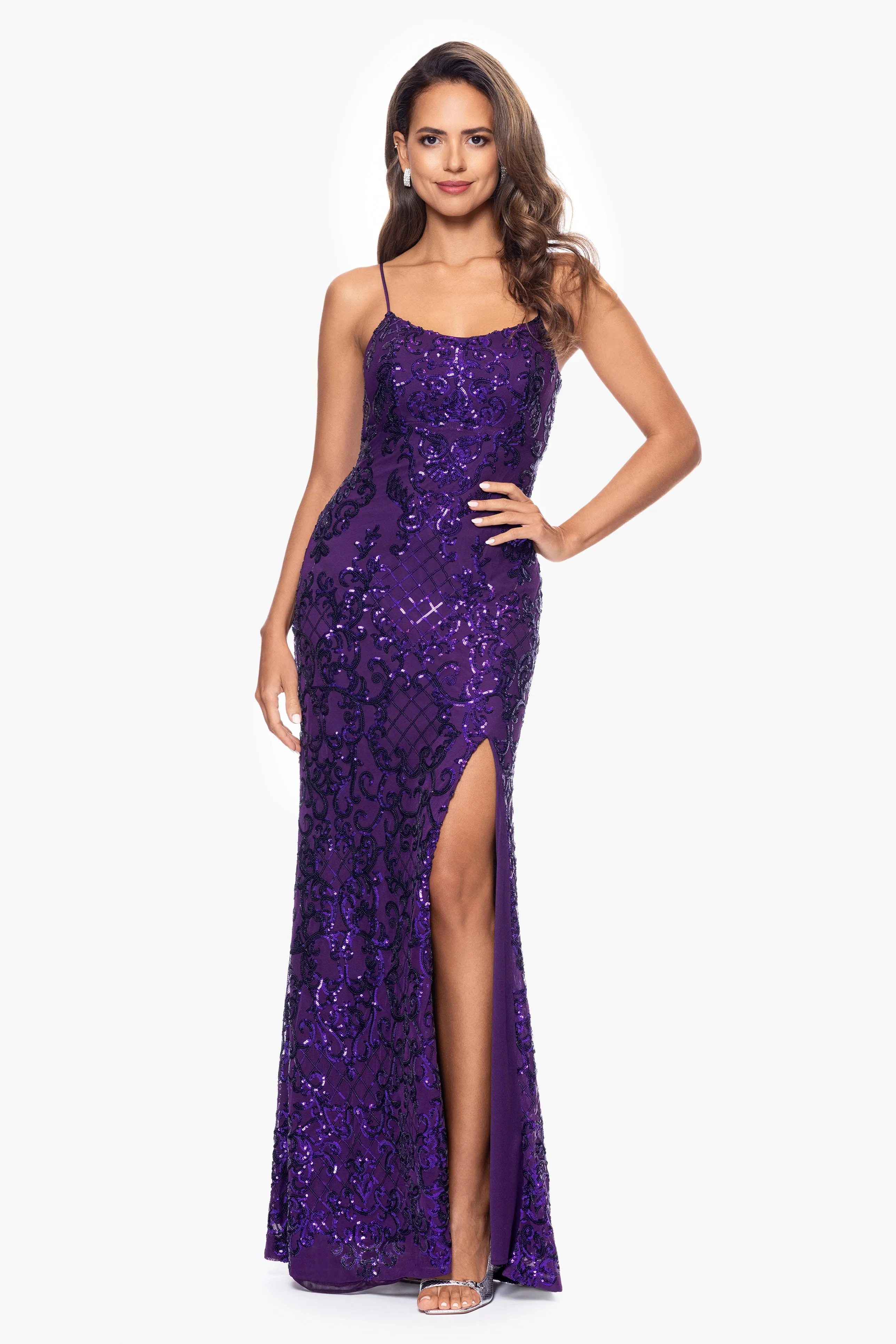 "Eve" Long Sequin Placement Lace Up Back Dress sold by Betsy & Adam