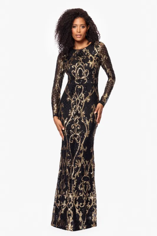 "Nara" Long Sleeve Sequin Placement Gown sold by Betsy & Adam