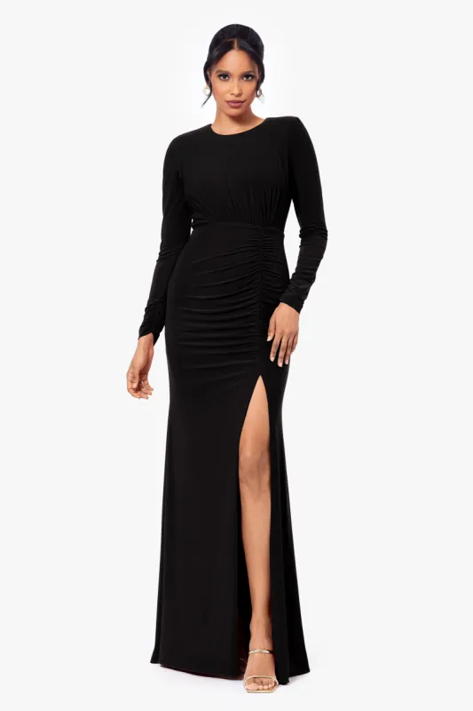 "Brittany" Long Jersey Knit Long Sleeve Rouched Dress sold by Betsy & Adam