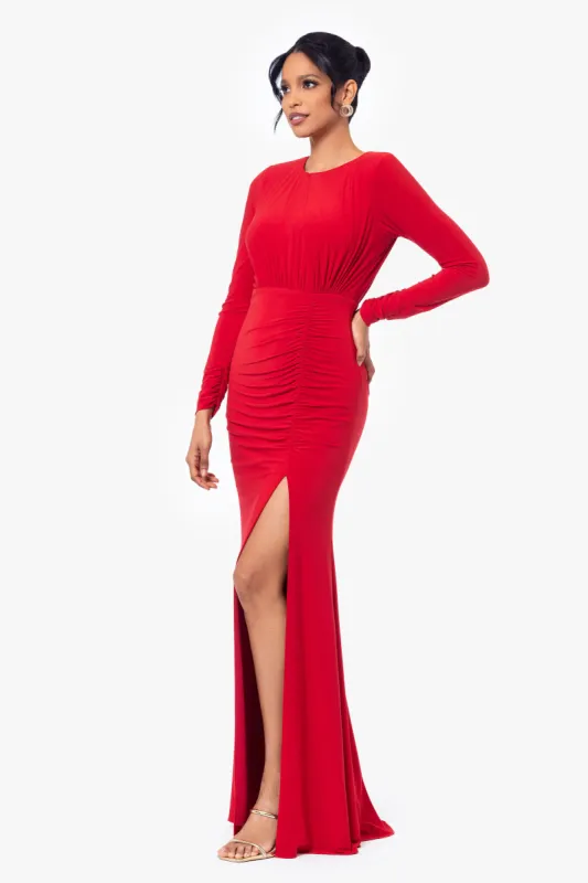 "Brittany" Long Jersey Knit Long Sleeve Rouched Dress sold by Betsy & Adam