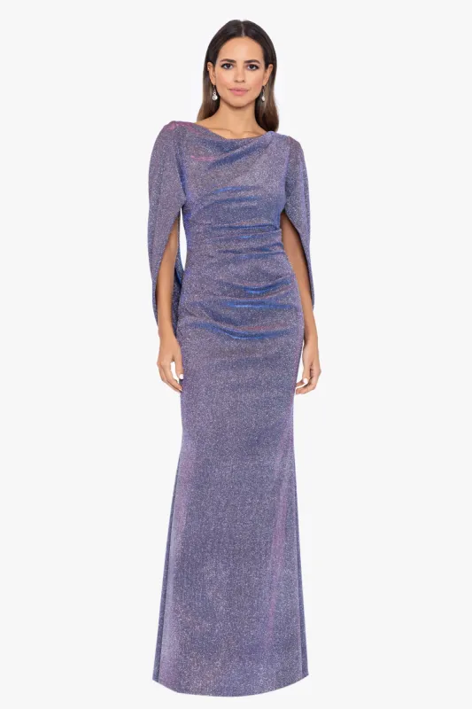 "Gracie" Galaxy Knit Glitter Draped Gown sold by Betsy & Adam