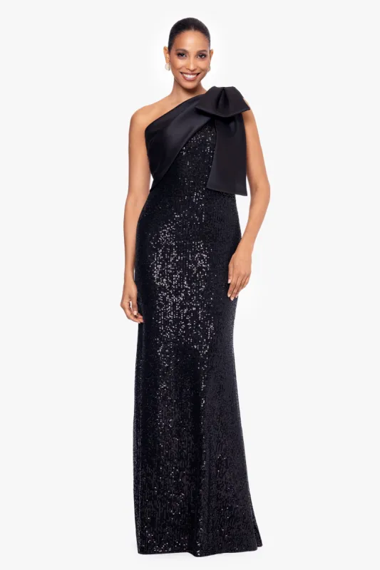 "Christy" Long Sequin Dress with Satin Bow sold by Betsy & Adam