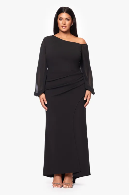 Plus "Donna" Long Off the Shoulder Illusion Sleeve Dress made by Betsy & Adam
