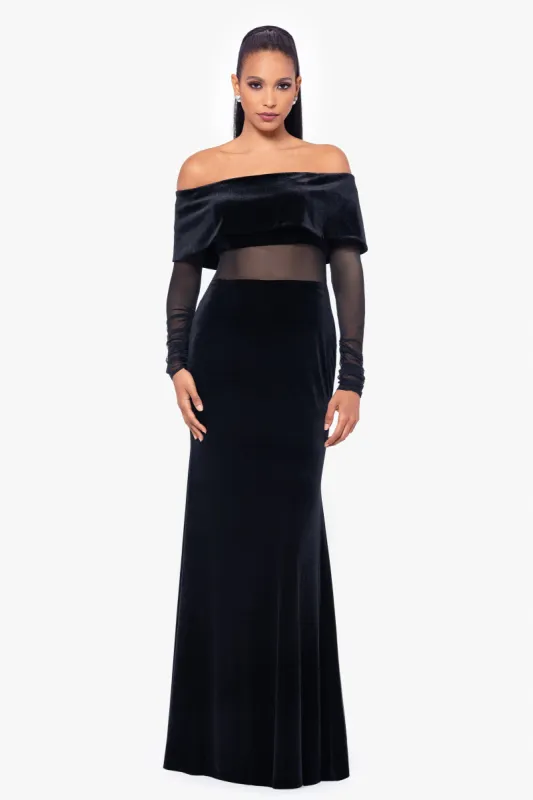 "Kaliyah" Long Sleeve Velvet Off the Shoulder Illusion Waist Floor Length Dress sold by Betsy & Adam