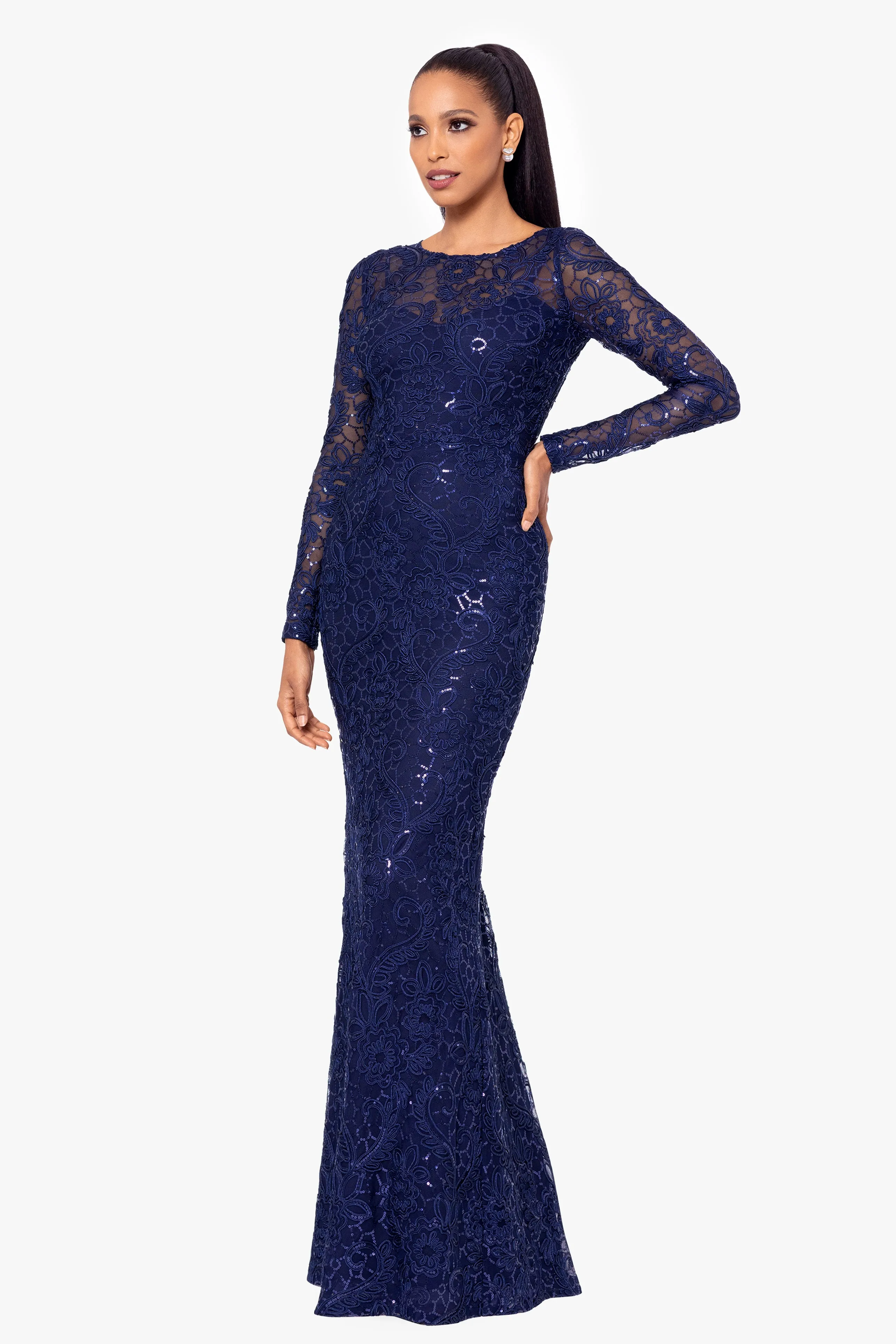 "Cecelia" Long Sleeve Sequin Soutache Lace Floor Length Dress sold by Betsy & Adam product image thumbnail 3