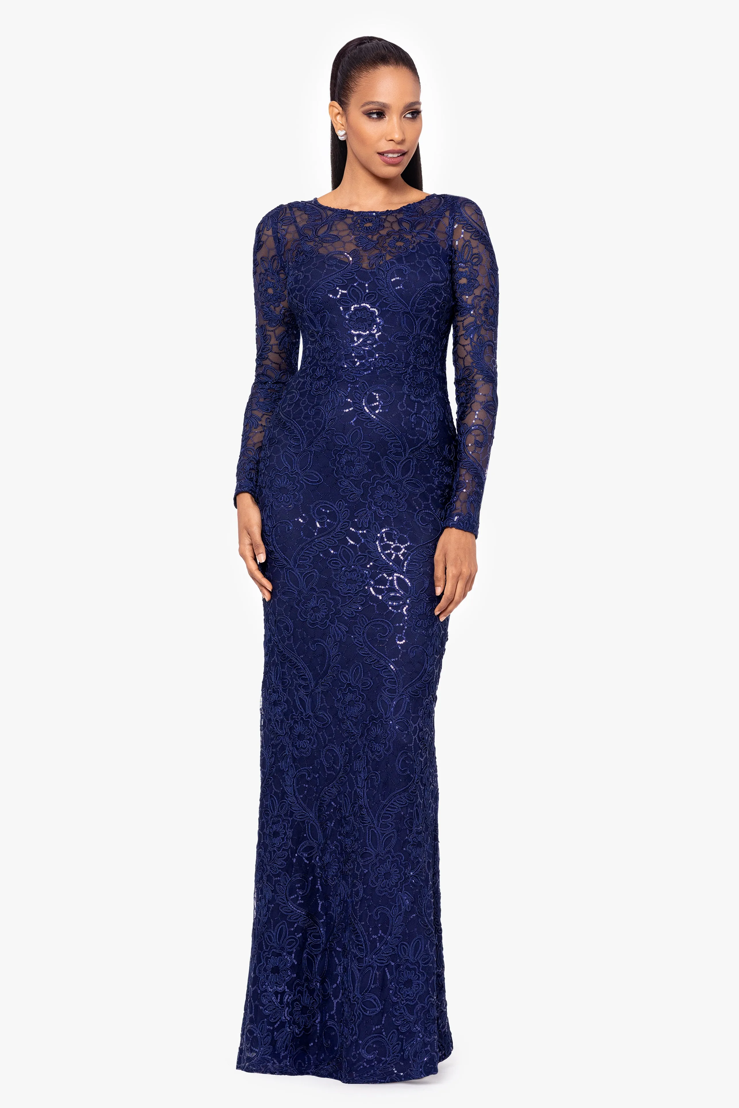 "Cecelia" Long Sleeve Sequin Soutache Lace Floor Length Dress sold by Betsy & Adam