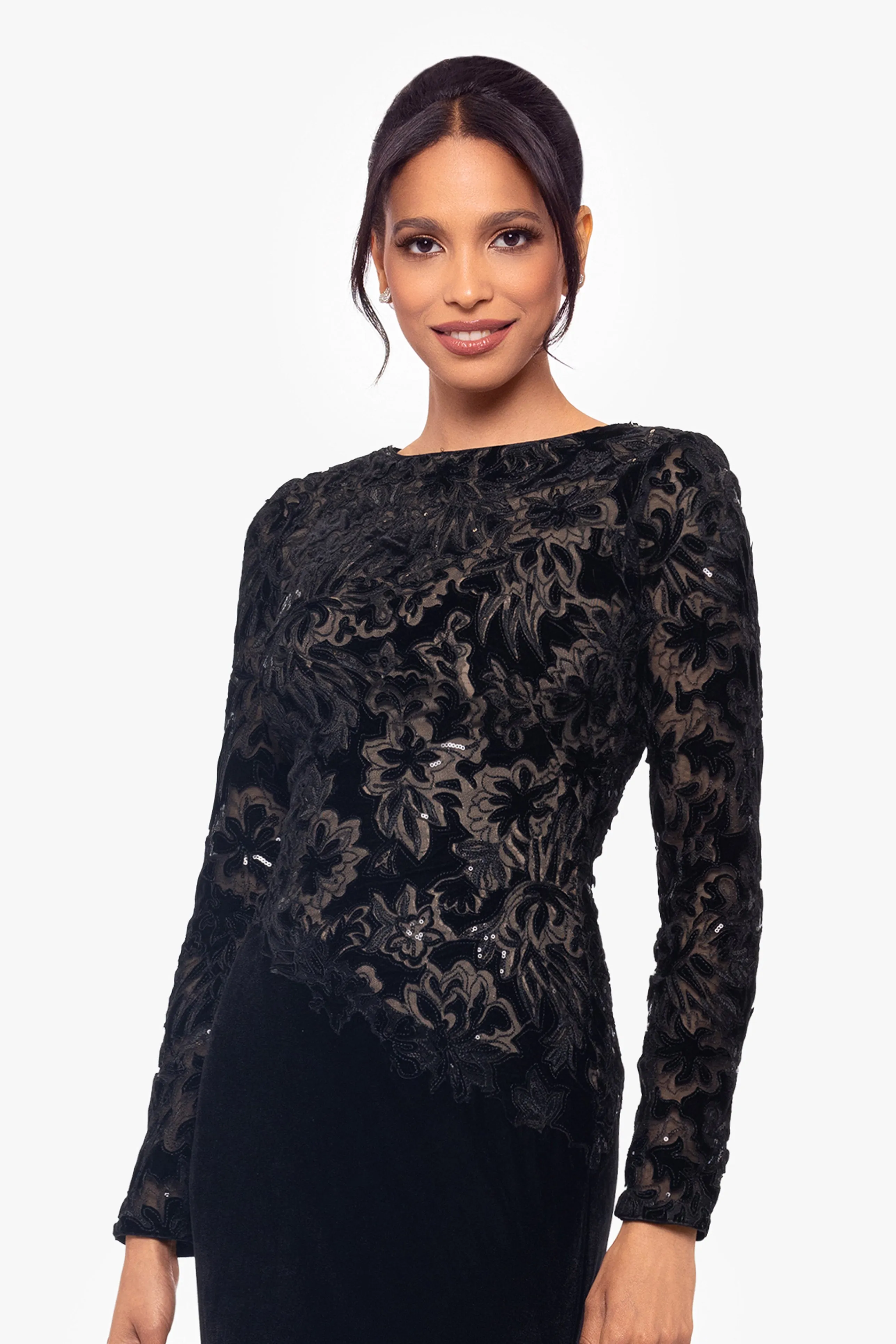 "Alena" Floor Length Sequin and Velvet Long Sleeve Dress sold by Betsy & Adam product image thumbnail 4