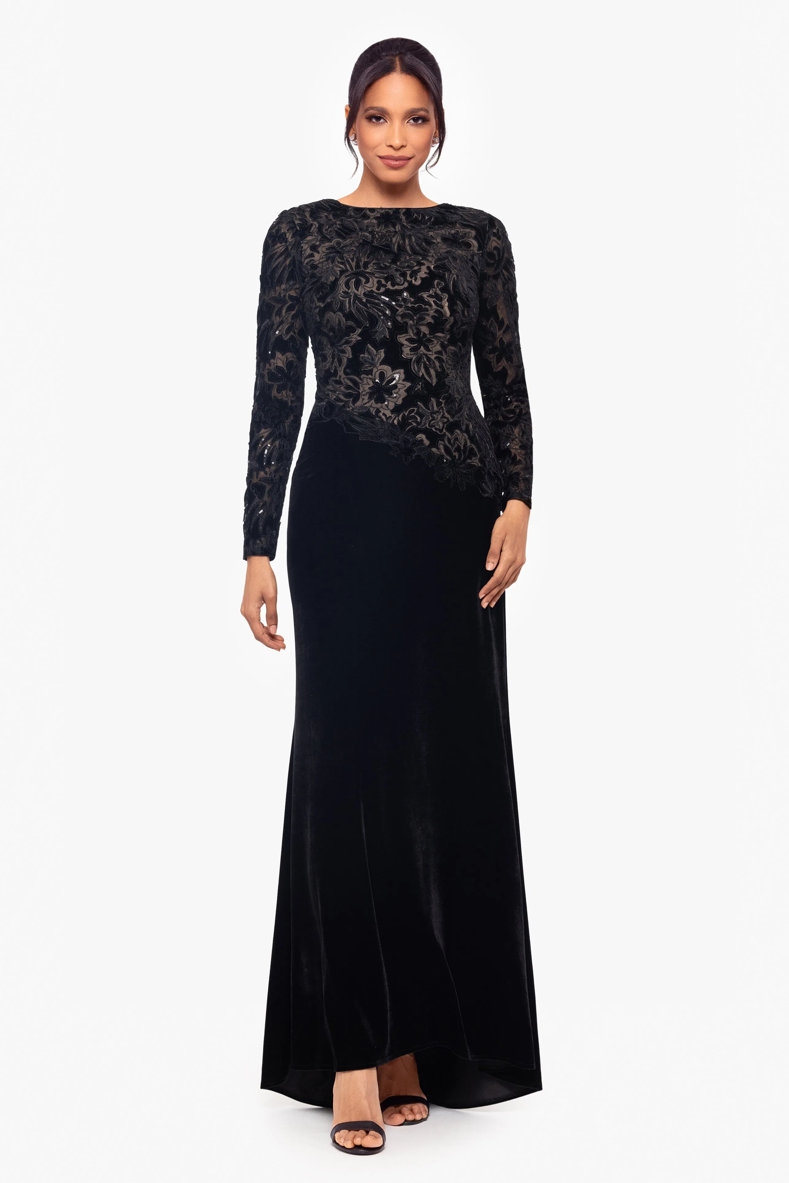 "Alena" Floor Length Sequin and Velvet Long Sleeve Dress sold by Betsy & Adam