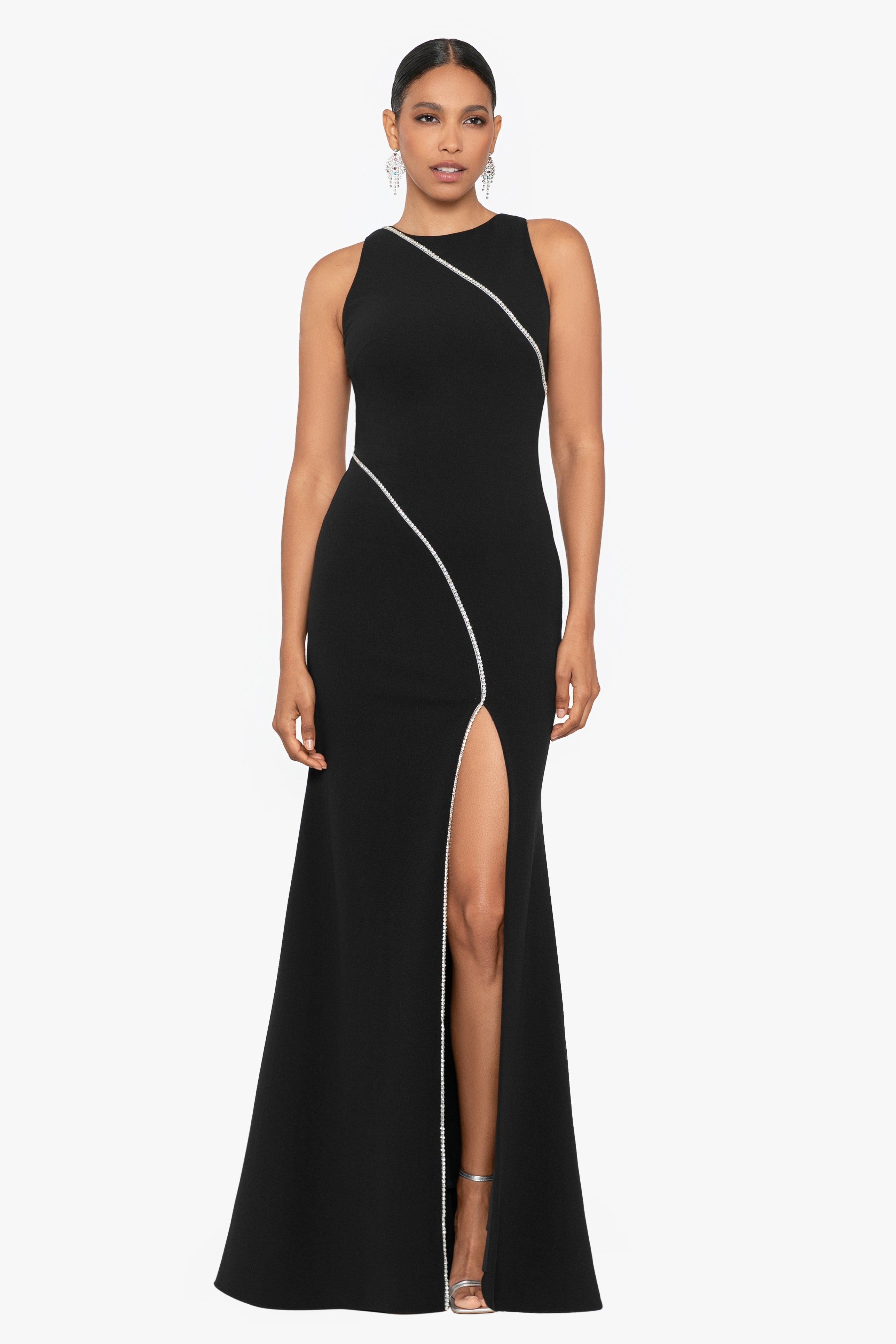 "Bonnie" Long Scuba Crepe Rhinestone Trim Dress sold by Betsy & Adam