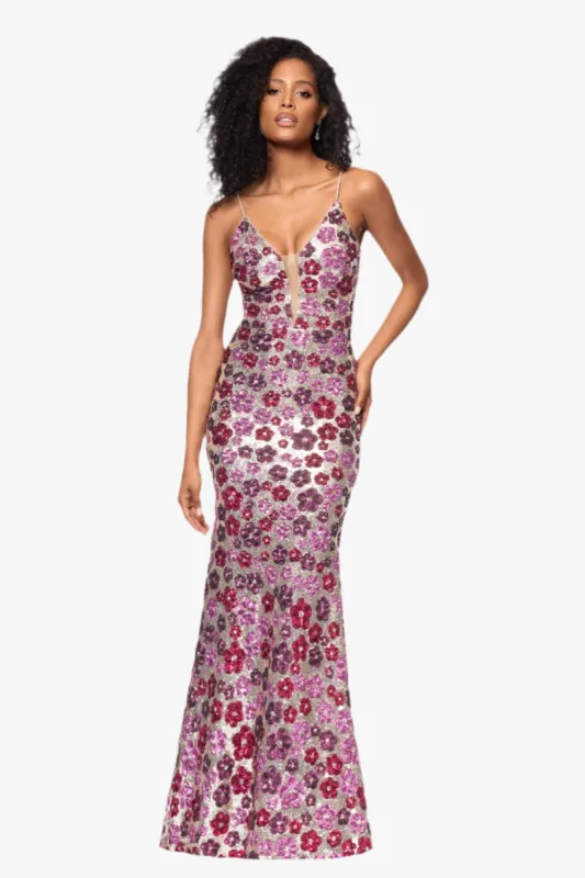 "Rava" Sequin V-Neck Illusion Mesh Insert Floor Length Dress sold by Betsy & Adam