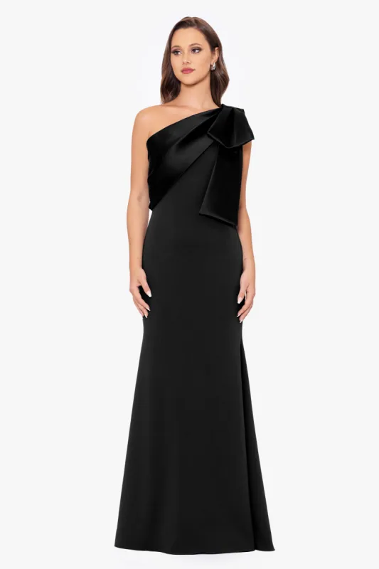 "Carmela" Long Scuba Crepe Dress with Satin Bow sold by Betsy & Adam