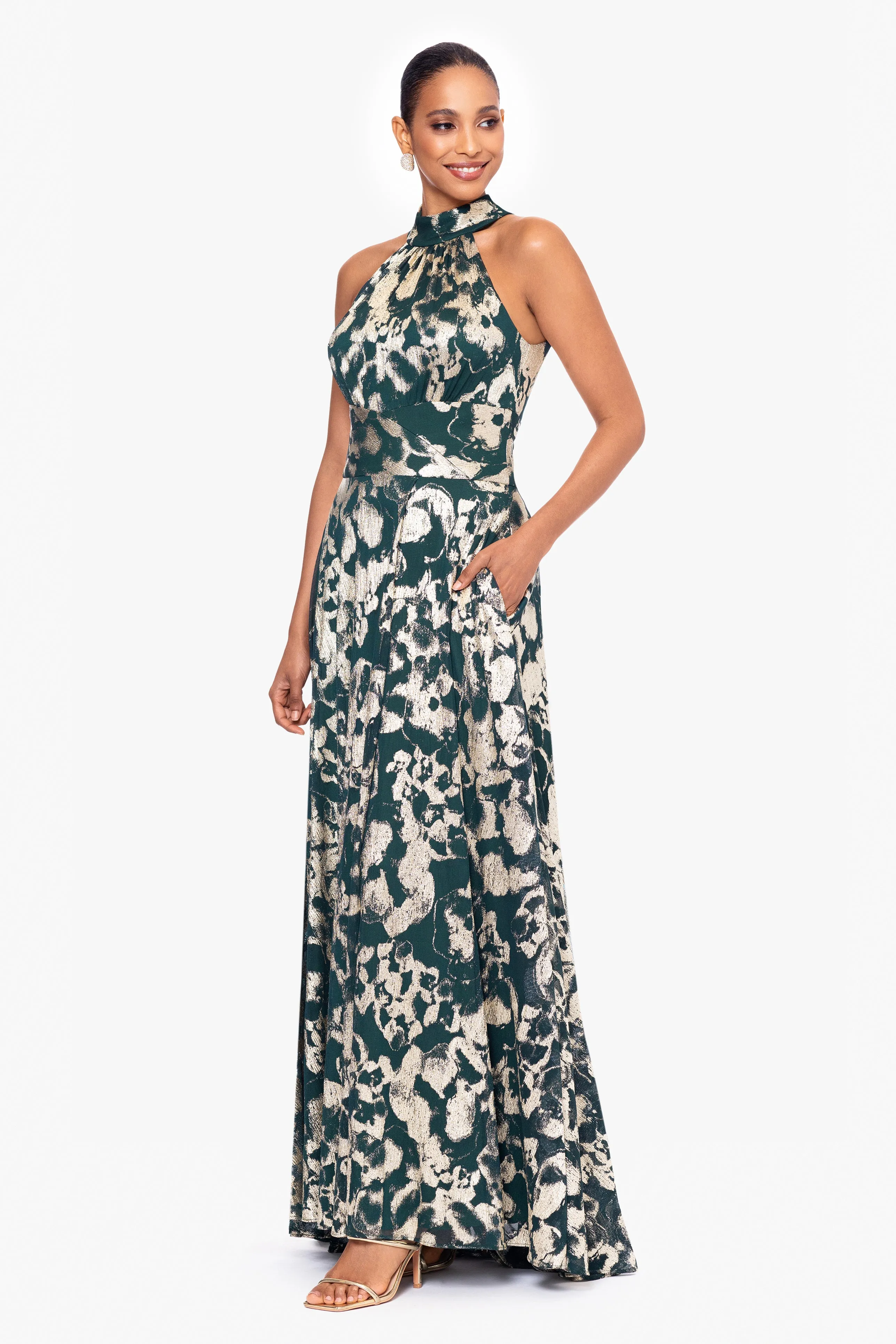 Petite "Naomi" Long Metallic Crinkle High Halter Neck Floor Length Dress sold by Betsy & Adam product image thumbnail 4