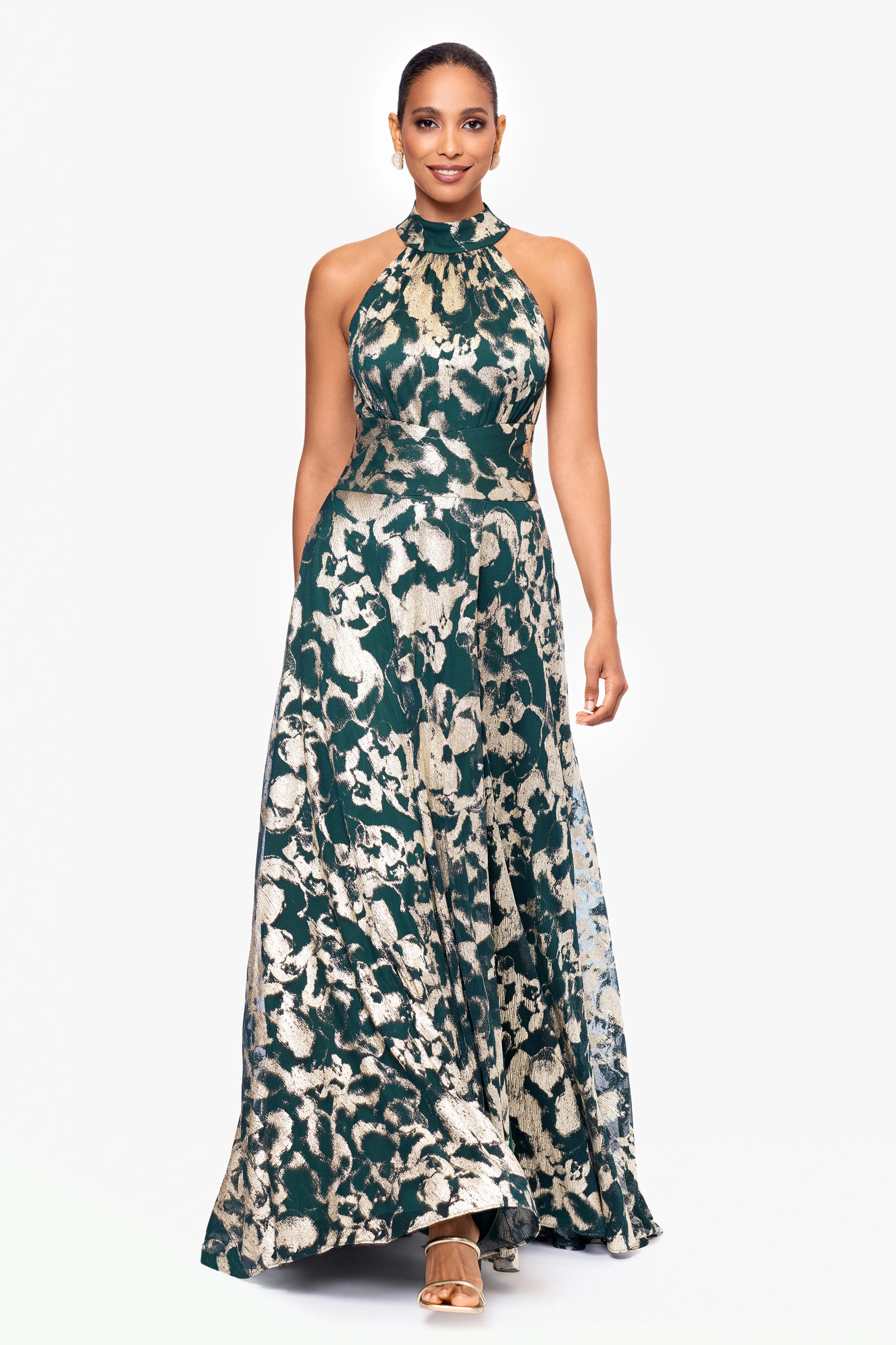 Petite "Naomi" Long Metallic Crinkle High Halter Neck Floor Length Dress sold by Betsy & Adam