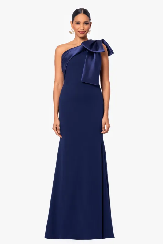 "Carmela" Long Scuba Crepe Dress with Satin Bow sold by Betsy & Adam