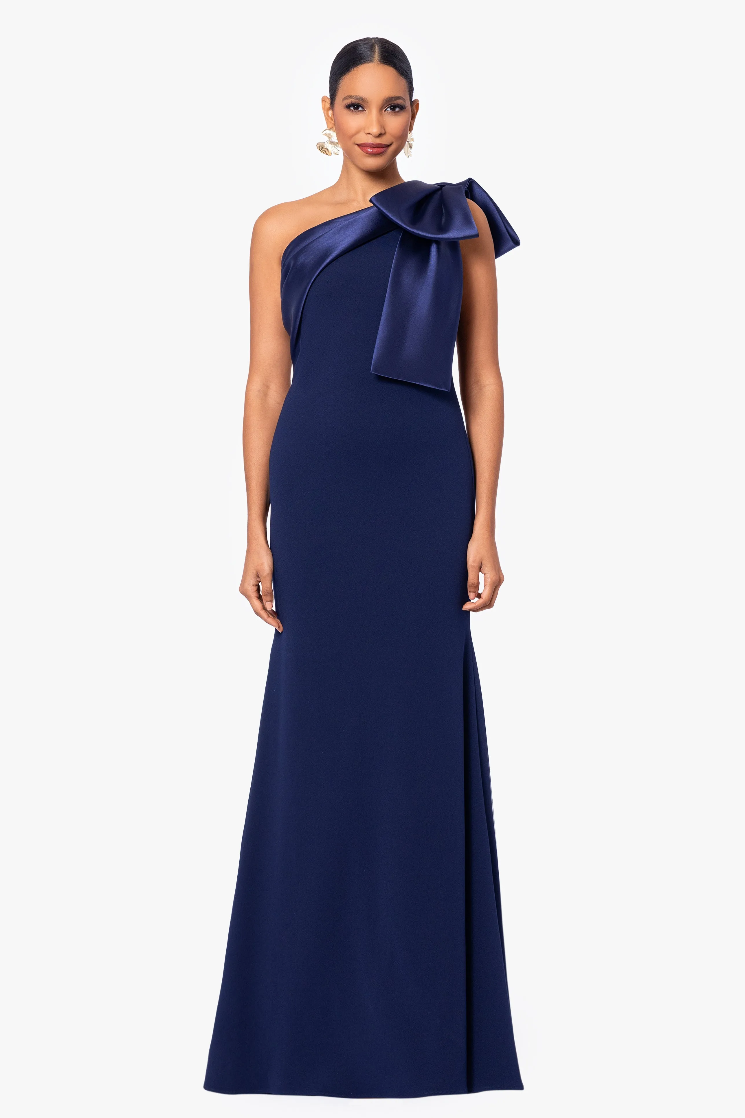 "Carmela" Long Scuba Crepe Dress with Satin Bow sold by Betsy & Adam