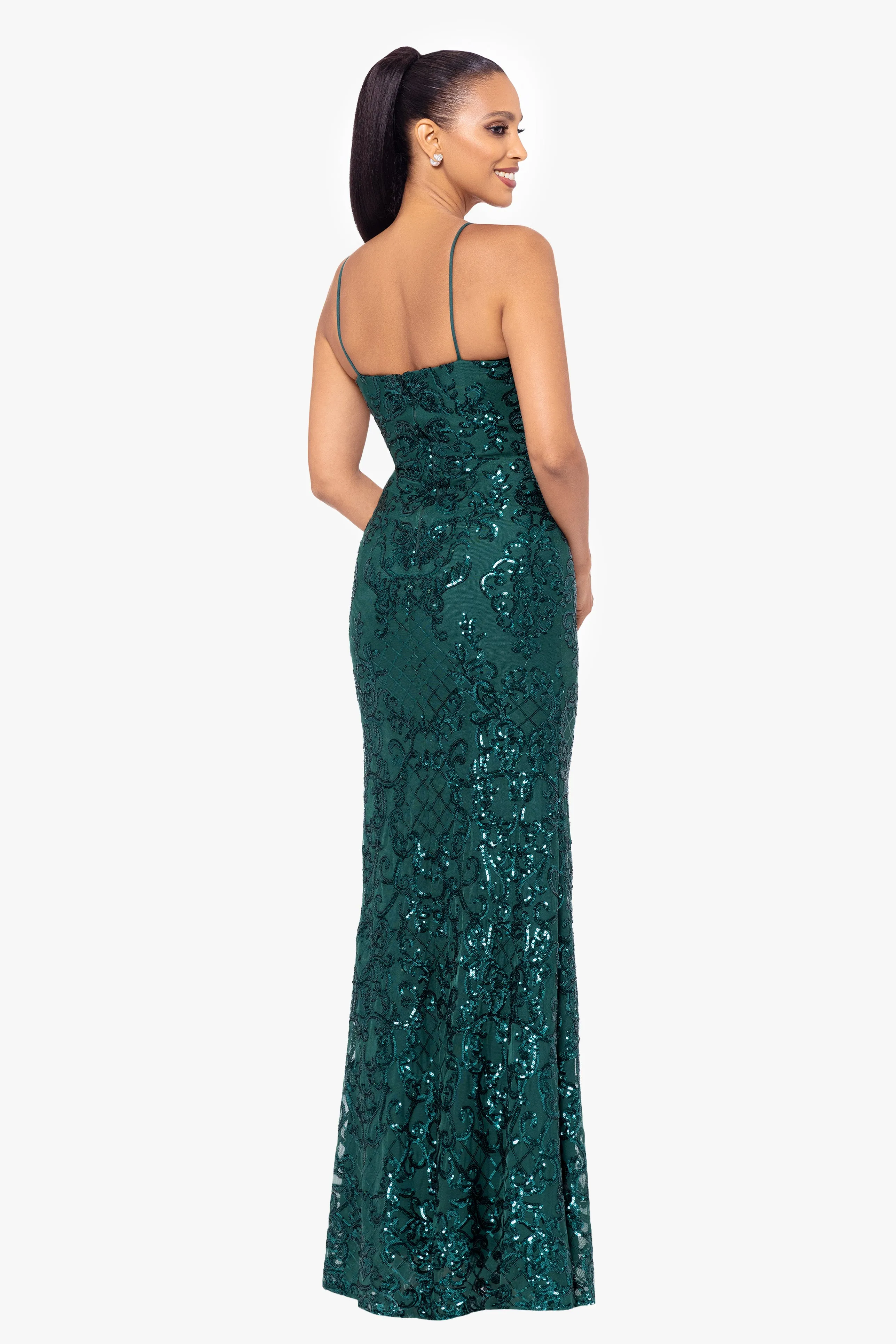 Petite "Jolene" Long Sequin Placement Spaghetti Strap Floor Length Dress sold by Betsy & Adam product image thumbnail 3