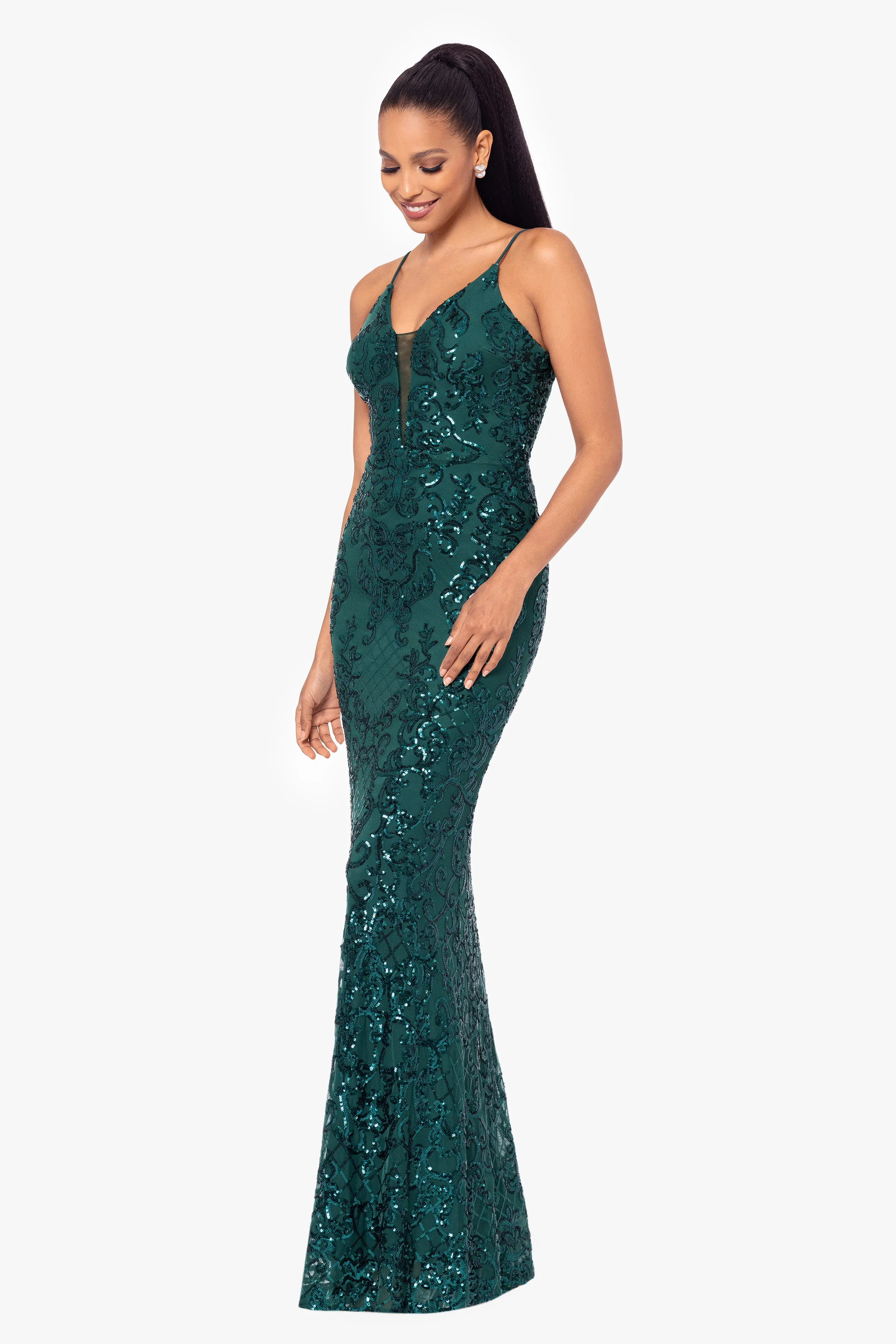 Petite "Jolene" Long Sequin Placement Spaghetti Strap Floor Length Dress sold by Betsy & Adam product image thumbnail 4