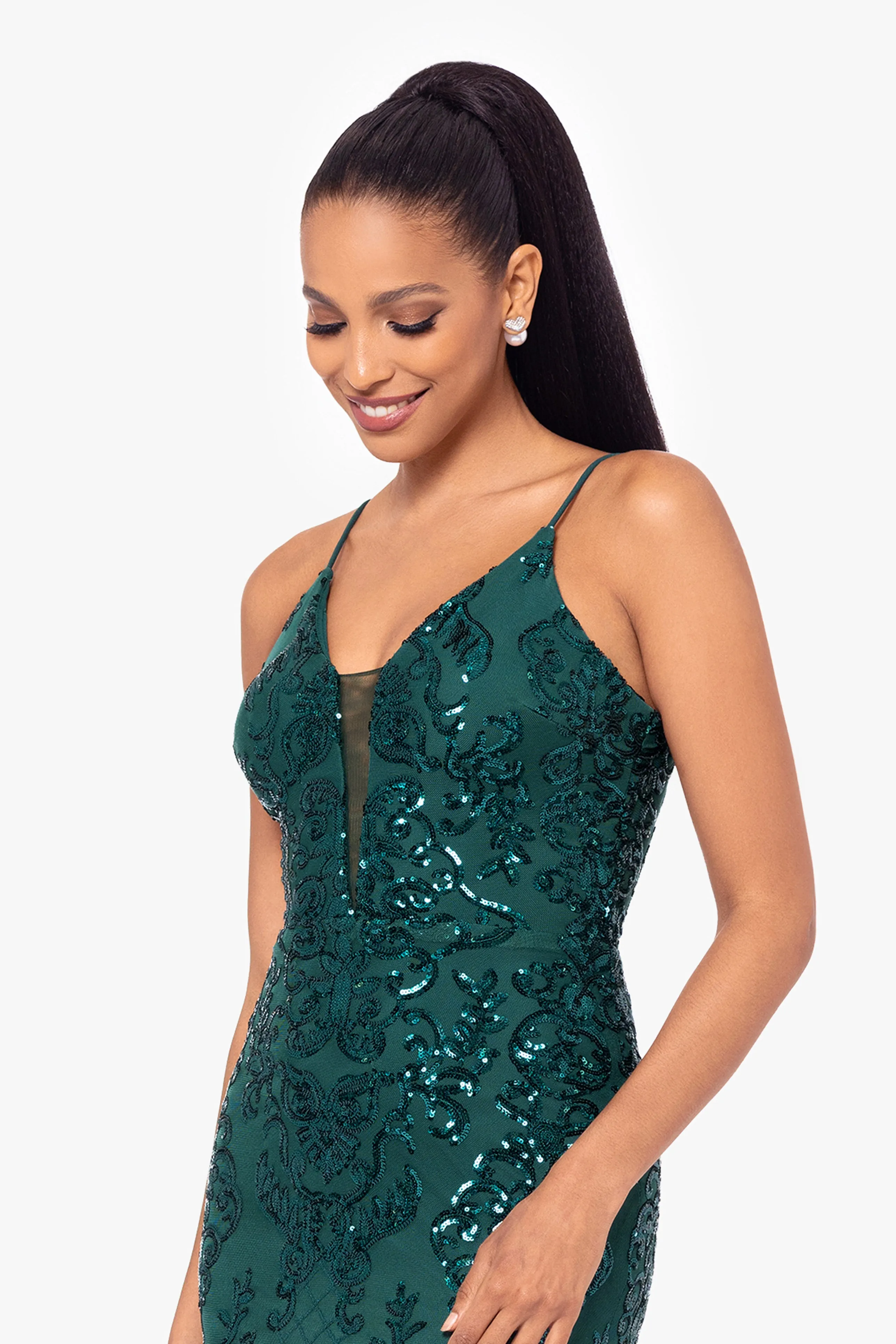 Petite "Jolene" Long Sequin Placement Spaghetti Strap Floor Length Dress sold by Betsy & Adam product image thumbnail 2