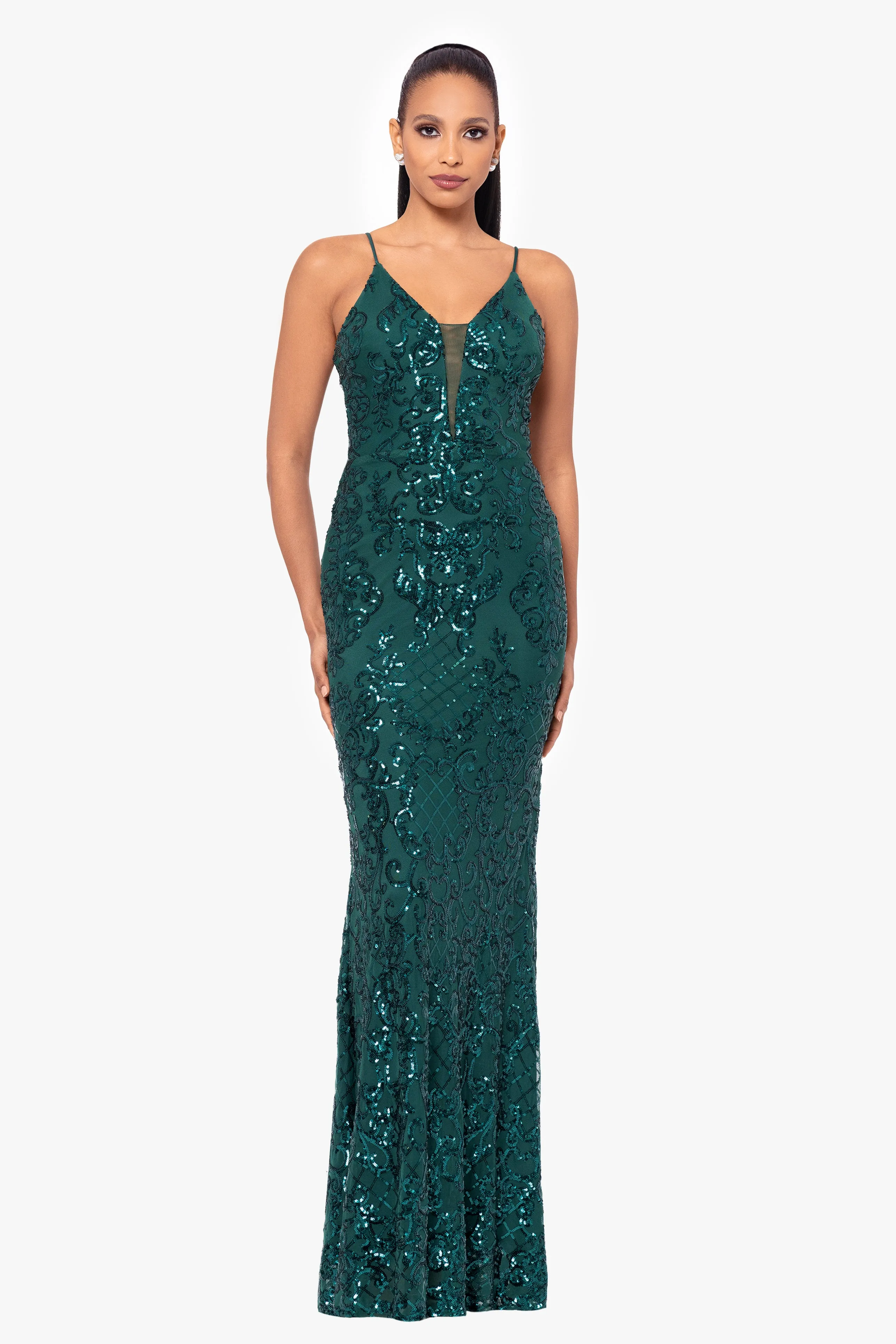 Petite "Jolene" Long Sequin Placement Spaghetti Strap Floor Length Dress sold by Betsy & Adam