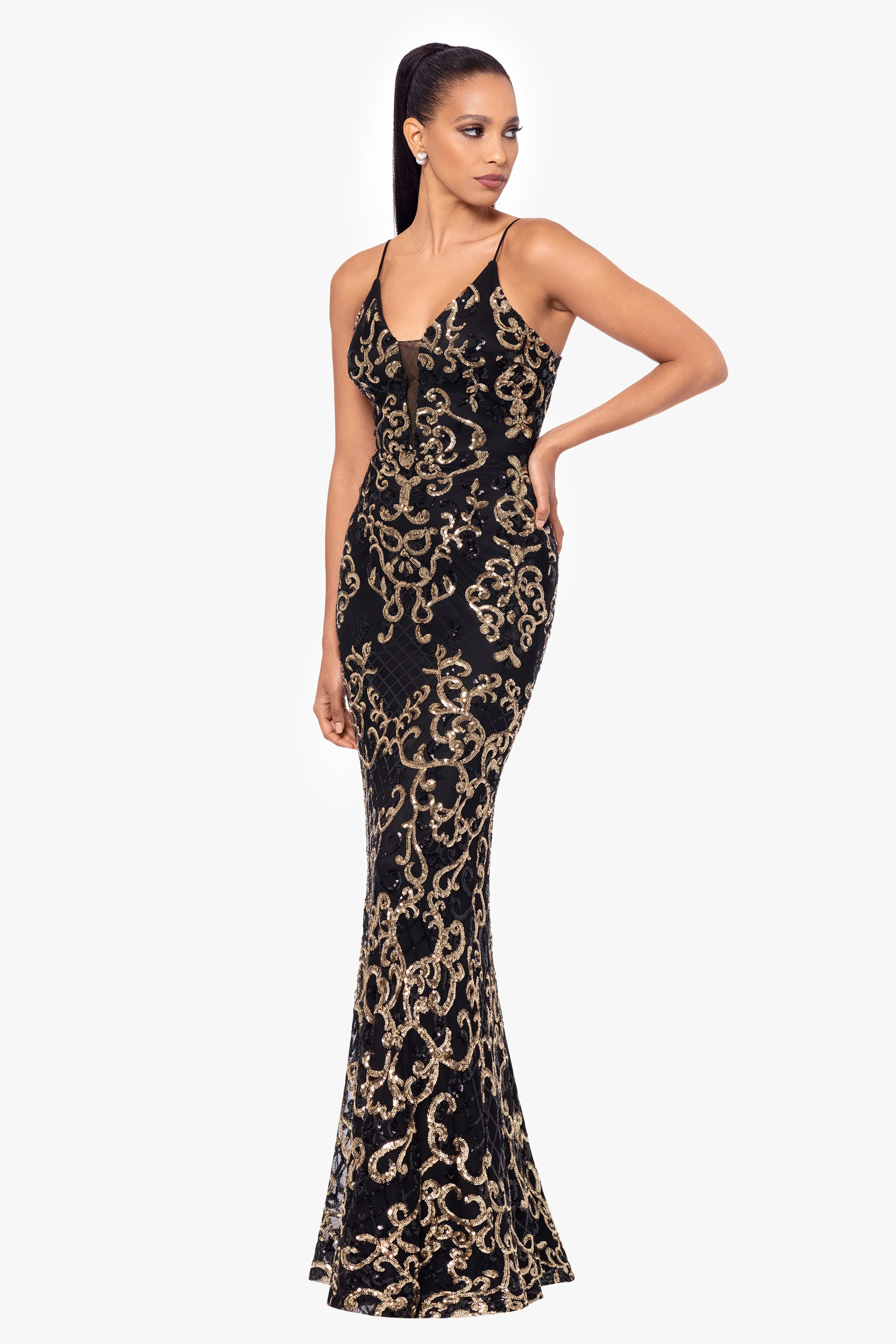 "Jolene" Long Sequin Placement Spaghetti Strap Floor Length Dress sold by Betsy & Adam product image thumbnail 4