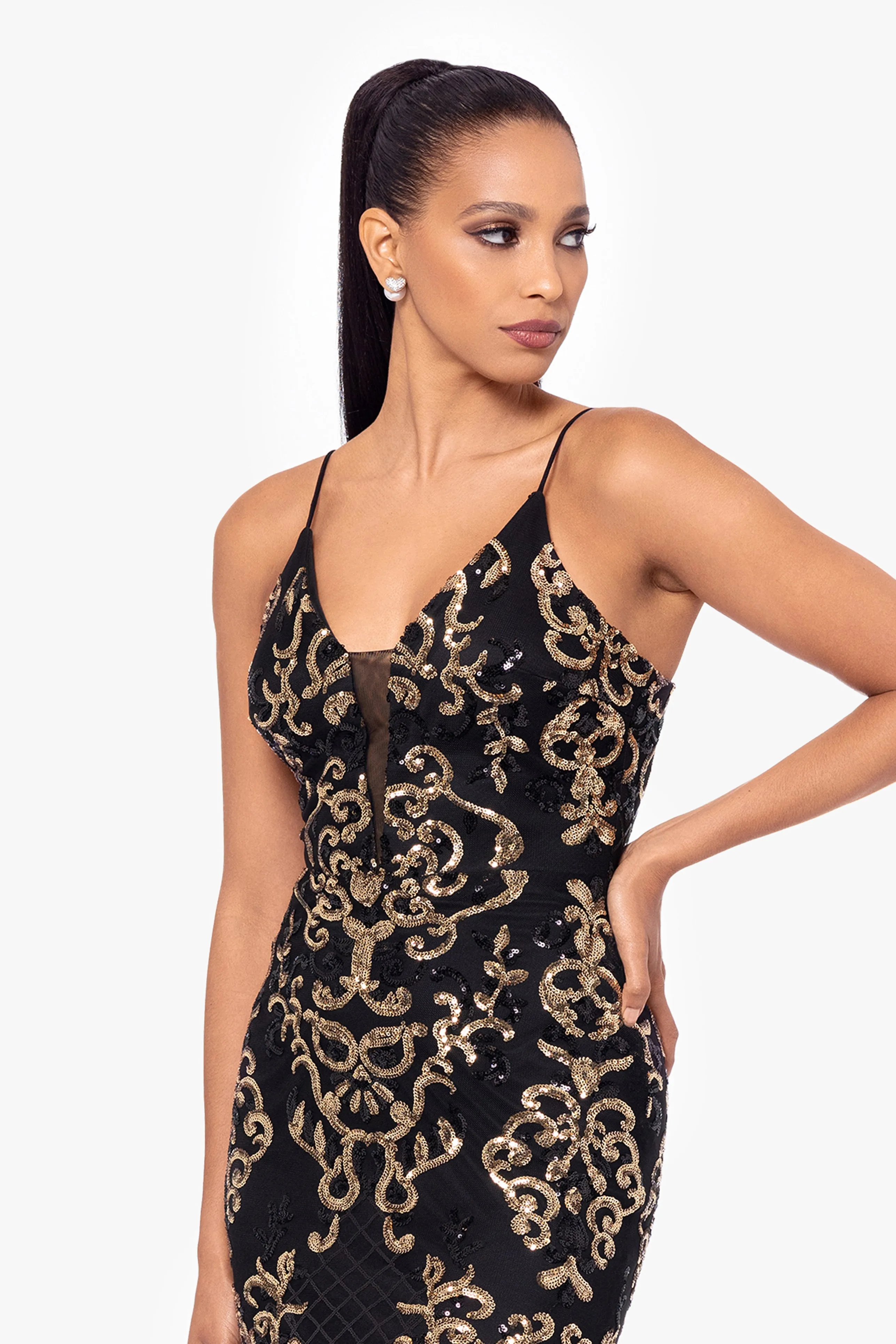 "Jolene" Long Sequin Placement Spaghetti Strap Floor Length Dress sold by Betsy & Adam product image thumbnail 2