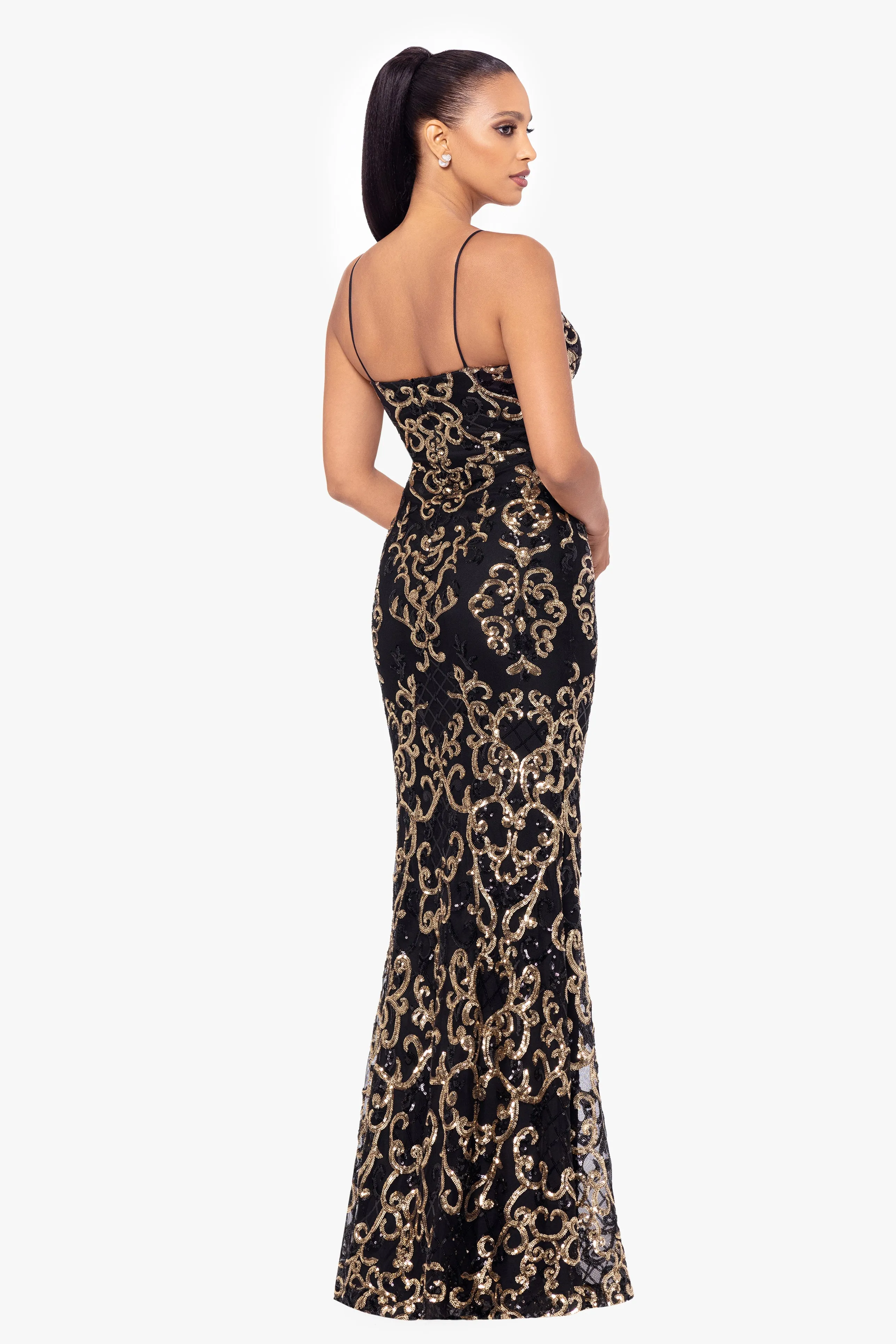 "Jolene" Long Sequin Placement Spaghetti Strap Floor Length Dress sold by Betsy & Adam product image thumbnail 3