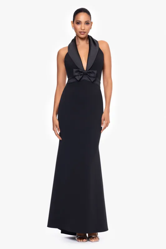 "Felicia" Long Scuba Crepe Halter Neck Satin Bow Dress sold by Betsy & Adam