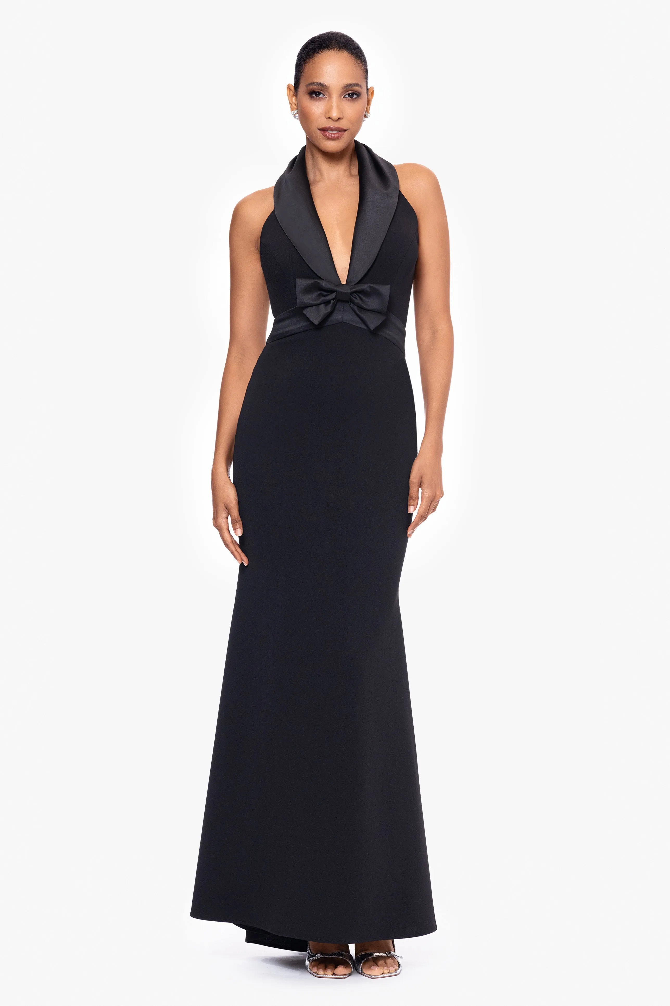 "Felicia" Long Scuba Crepe Halter Neck Satin Bow Dress sold by Betsy & Adam