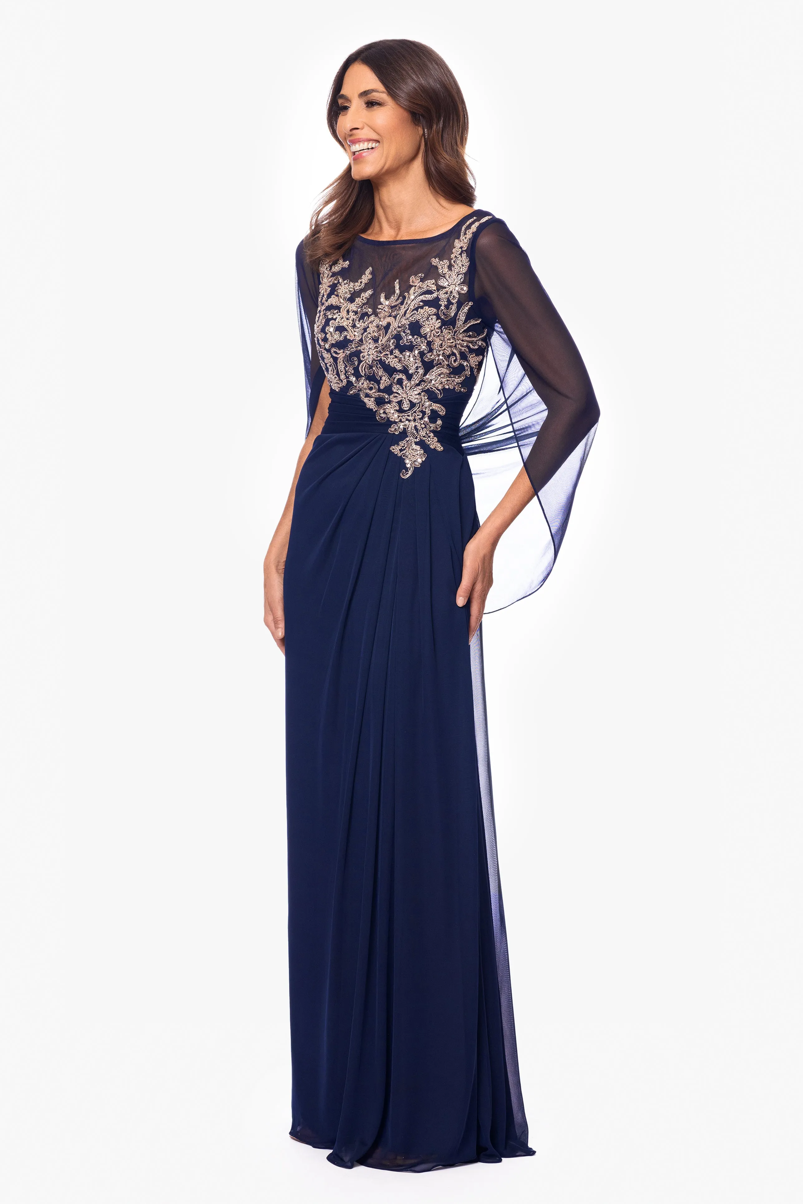 Petite "Willa" Long Sheer Matte Jersey Cape Back Dress With Applique sold by Betsy & Adam product image thumbnail 4