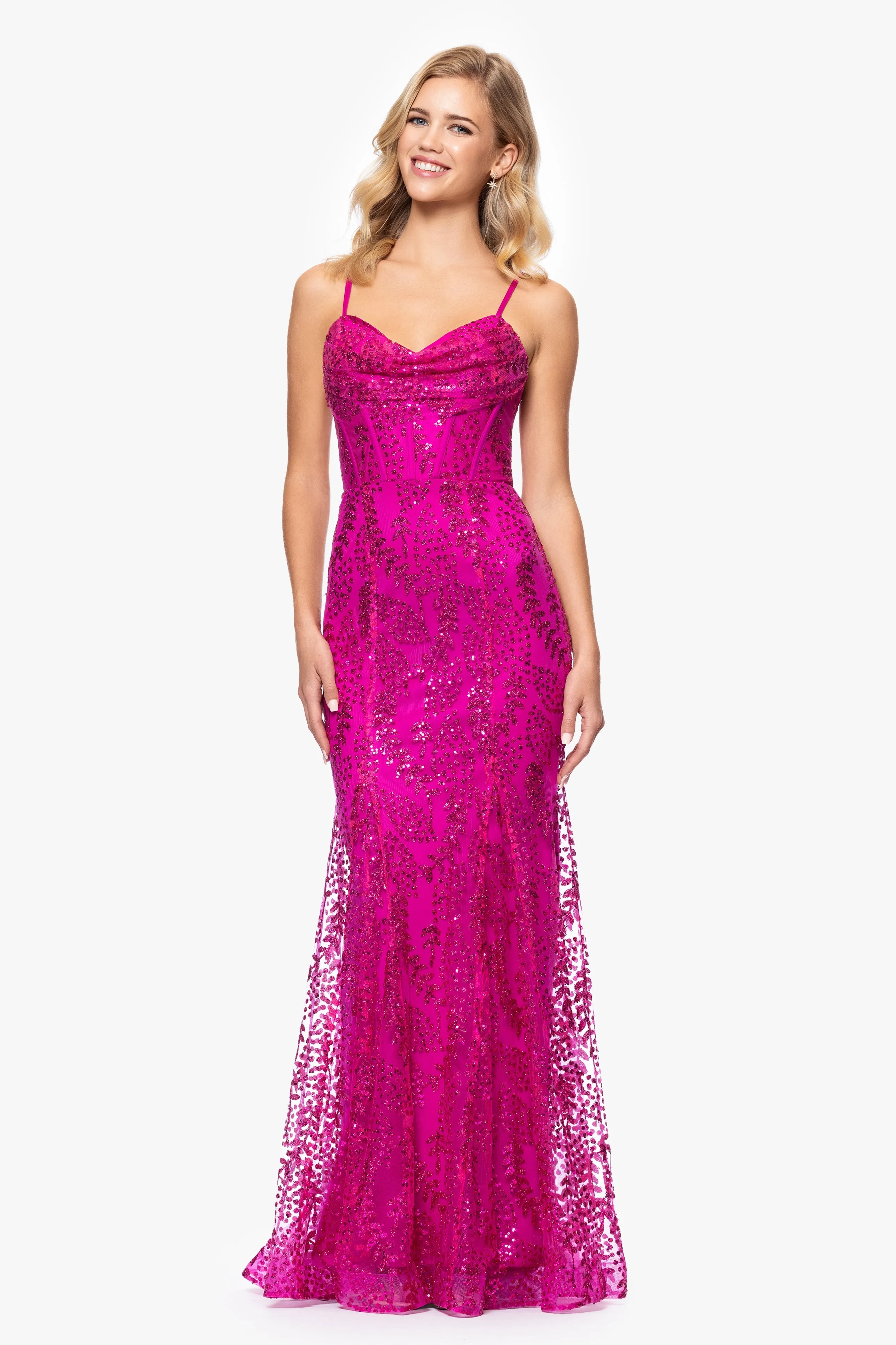 "Marissa" Long Glitter Mesh Lace Up Back Gown sold by Betsy & Adam