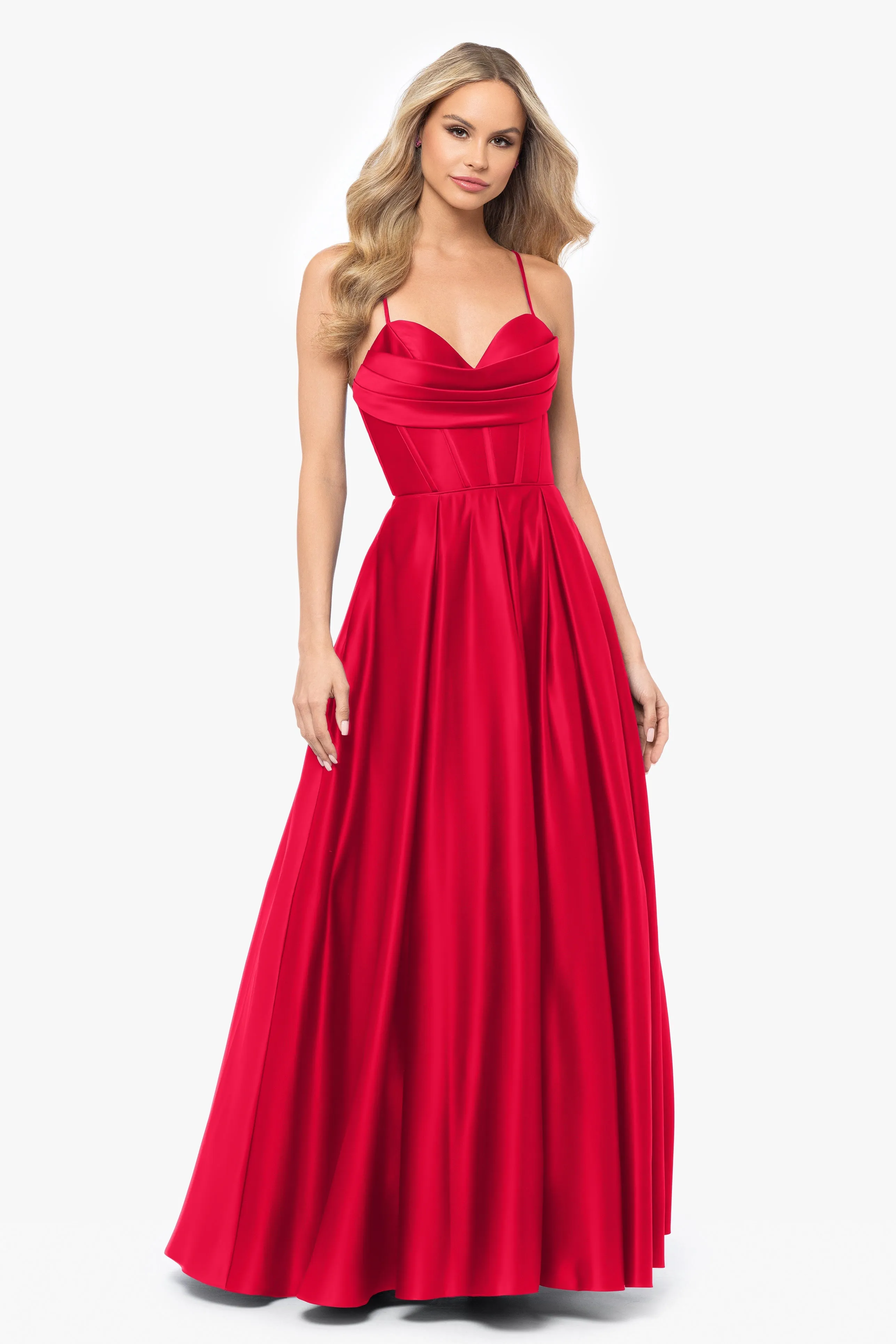 Blondie Nites "Liza" Lamour Satin Draped Corset Tieback Gown sold by Betsy & Adam