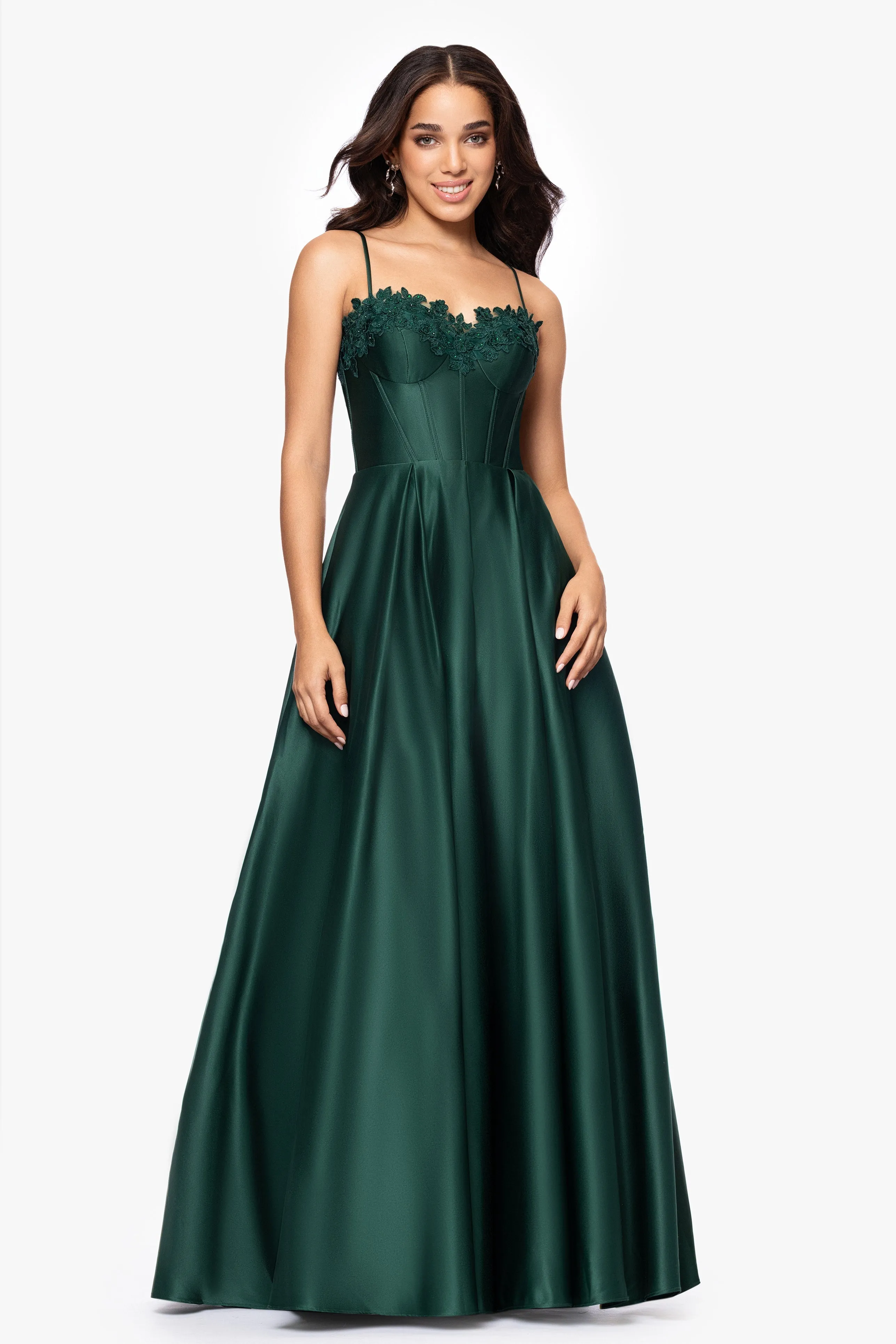 Blondie Nites "Hope" Long Spaghetti Strap Corset Applique Gown sold by Betsy & Adam