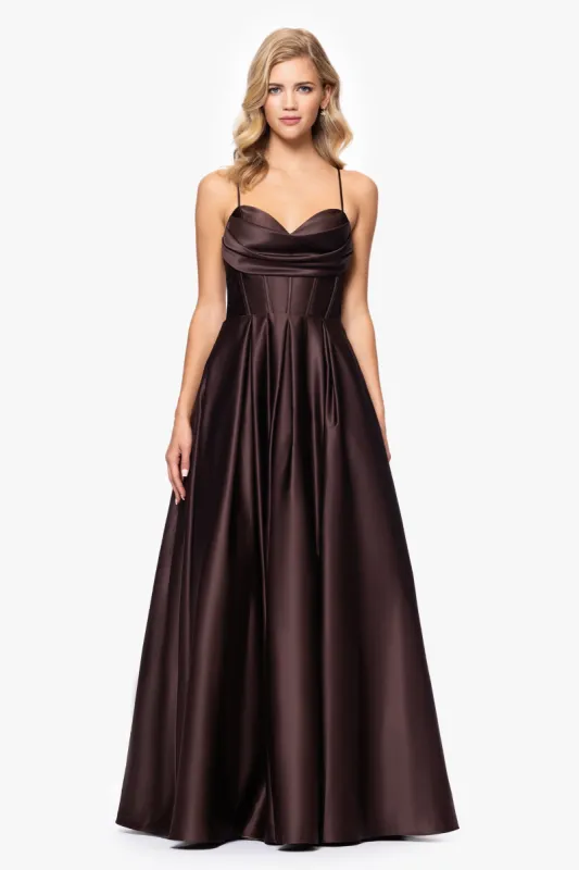 Blondie Nites "Liza" Lamour Satin Draped Corset Tieback Gown sold by Betsy & Adam