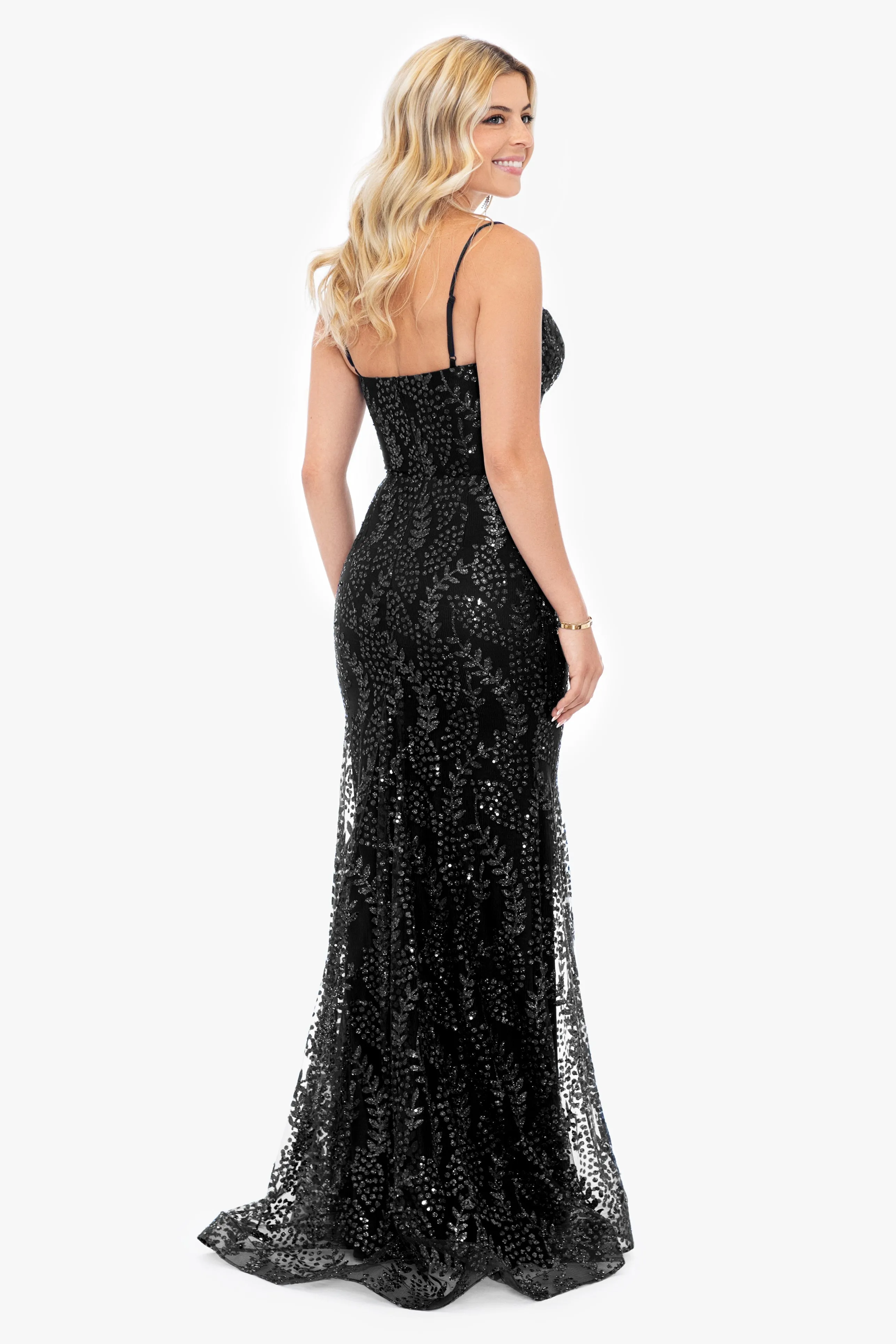 Blondie Nites "Marissa" Long Glitter Mesh Lace Up Back Gown sold by Betsy & Adam product image thumbnail 2