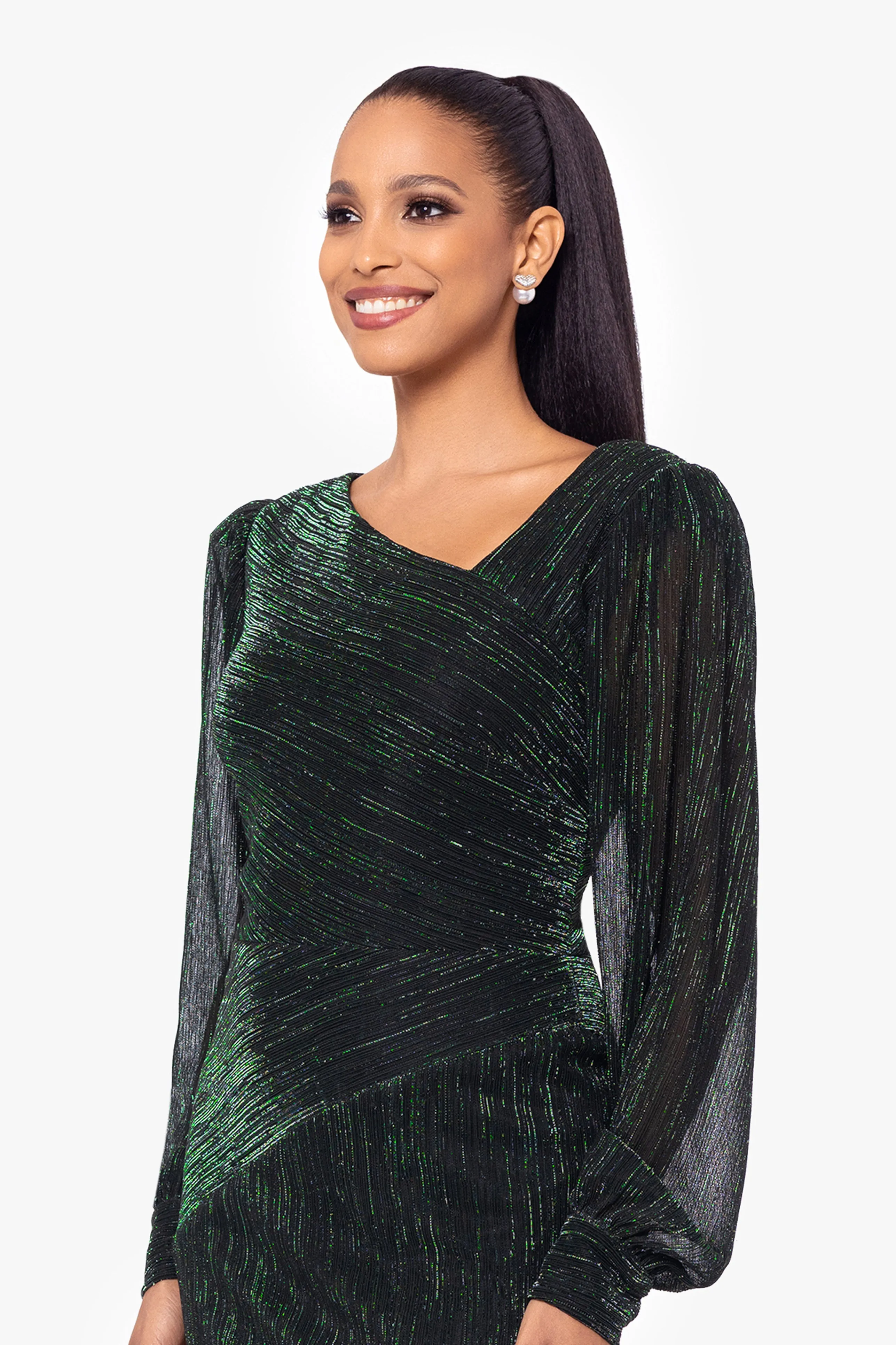 "Siobhan" Long Metallic Long Sleeve Asymmetrical Neckline Dress sold by Betsy & Adam product image thumbnail 2