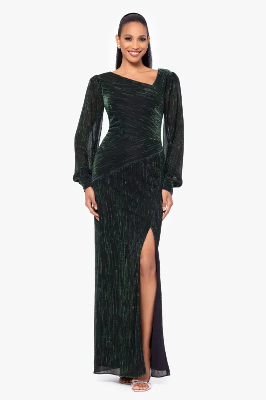 "Siobhan" Long Metallic Long Sleeve Asymmetrical Neckline Dress sold by Betsy & Adam