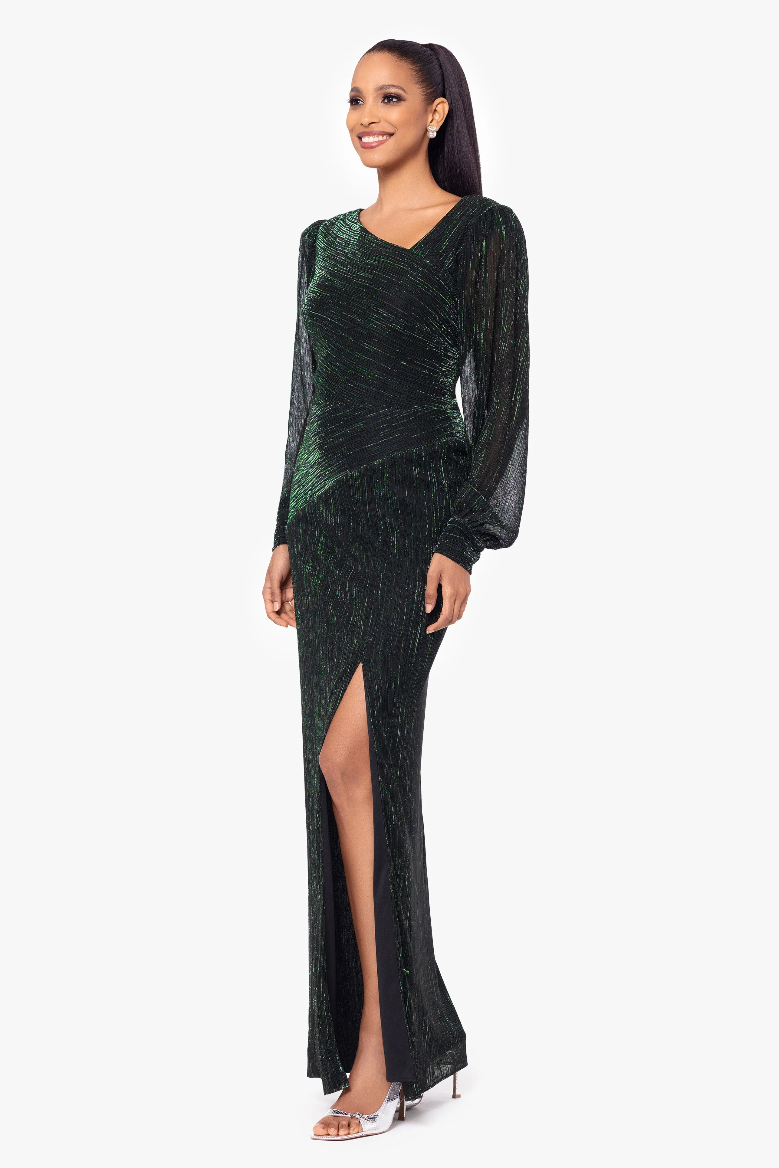 "Siobhan" Long Metallic Long Sleeve Asymmetrical Neckline Dress sold by Betsy & Adam product image thumbnail 4
