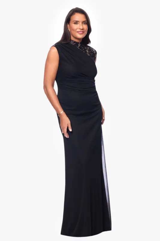 "Dayna" Floor Length Sleeveless Sheer Matte Jersey Lack Neck Rouched Side Dress sold by Betsy & Adam