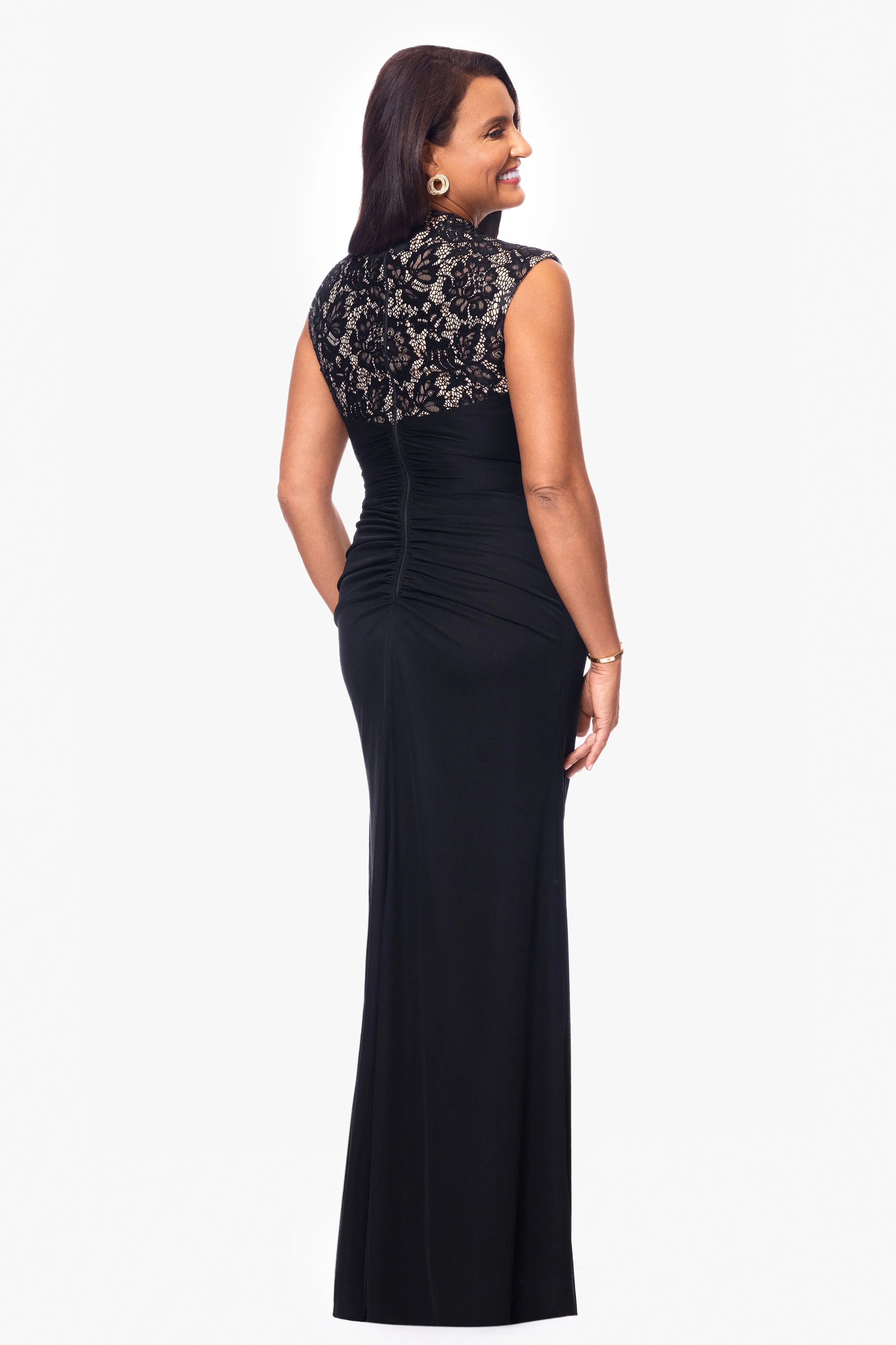 "Dayna" Floor Length Sleeveless Sheer Matte Jersey Lack Neck Rouched Side Dress sold by Betsy & Adam product image thumbnail 3