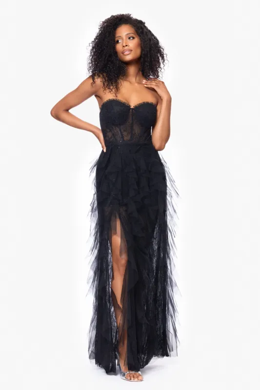 "Angelina" Long Strapless Mesh Floor Length Ruffle Dress sold by Betsy & Adam