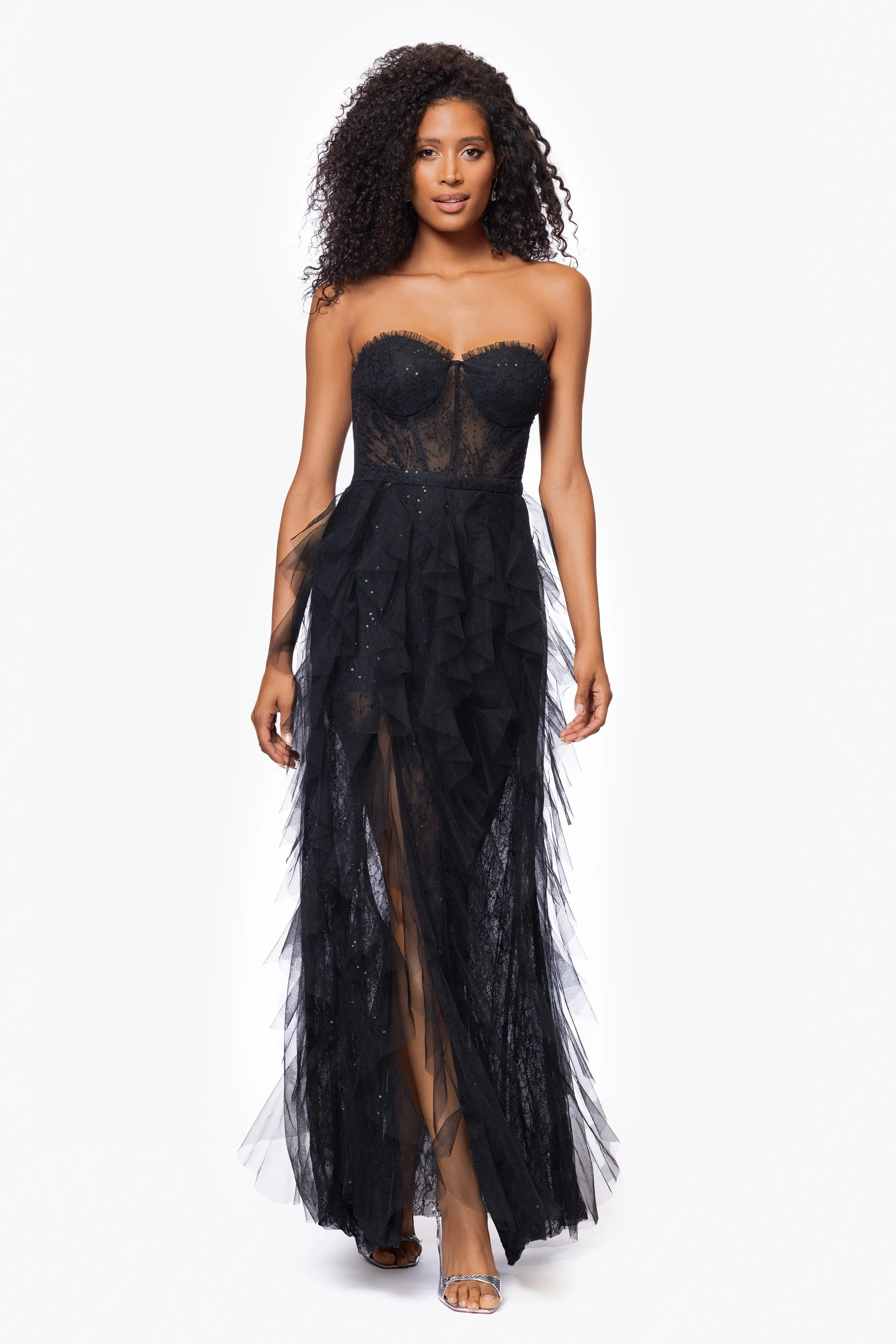 "Angelina" Long Strapless Mesh Floor Length Ruffle Dress sold by Betsy & Adam product image thumbnail 5
