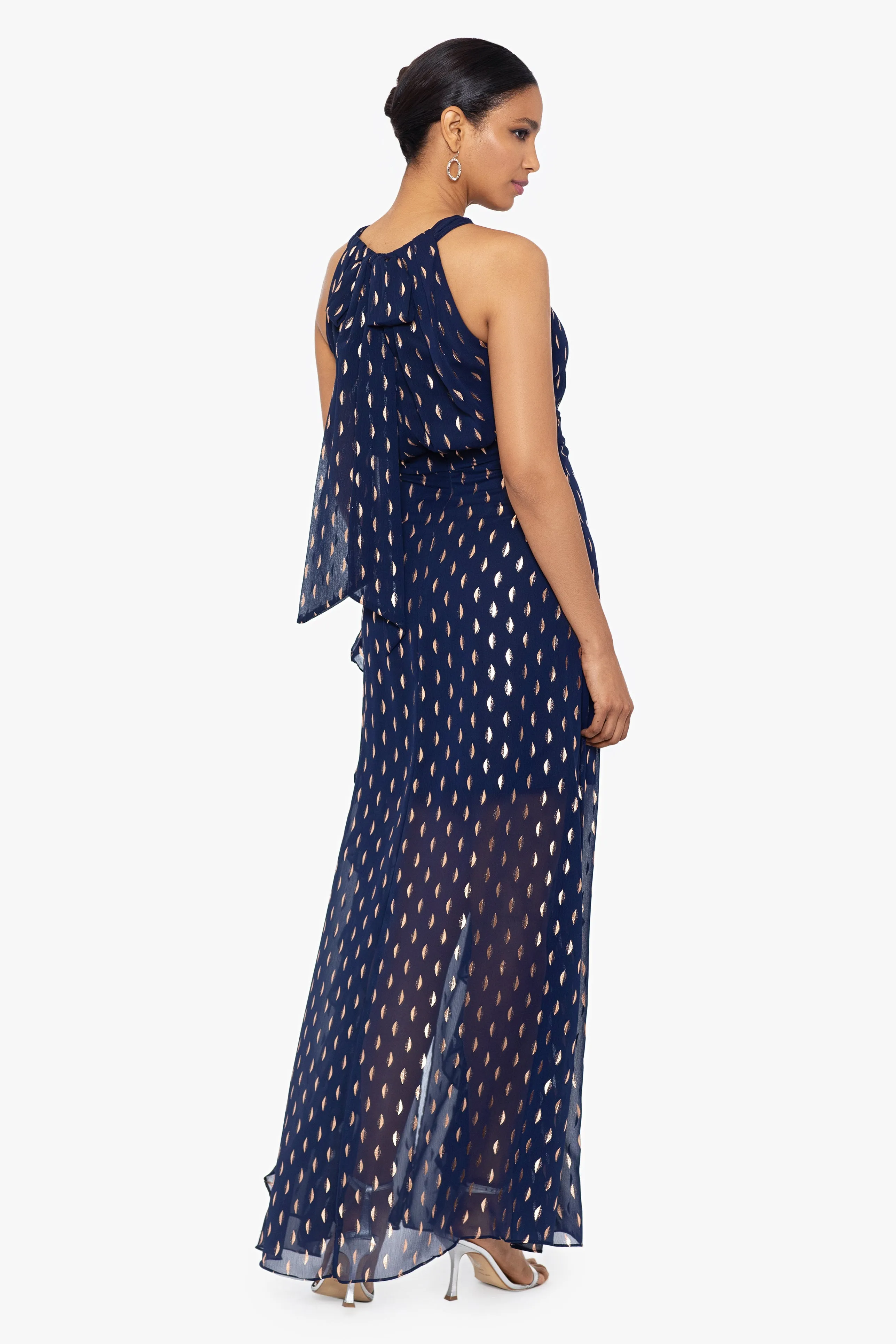 "Karina" Long Chiffon Foil Ruffle Tie Neck Dress sold by Betsy & Adam product image thumbnail 3