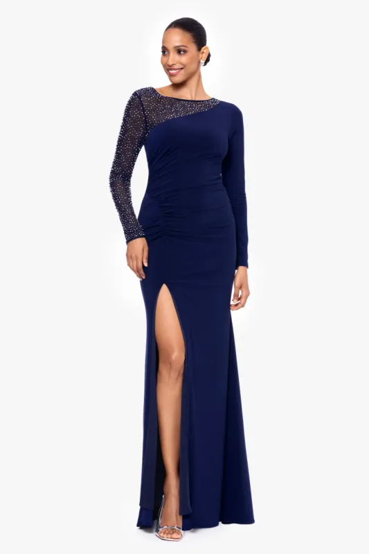 "Rhea" Long Jersey Knit Long Sleeve Beaded Floor Length Dress sold by Betsy & Adam