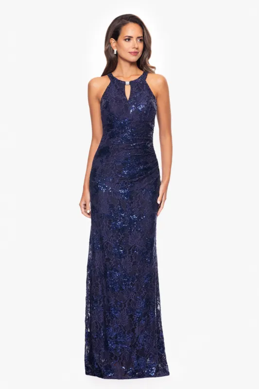 "Wilma" Sequin Lace Keyhole Neck Floor Length Dress sold by Betsy & Adam