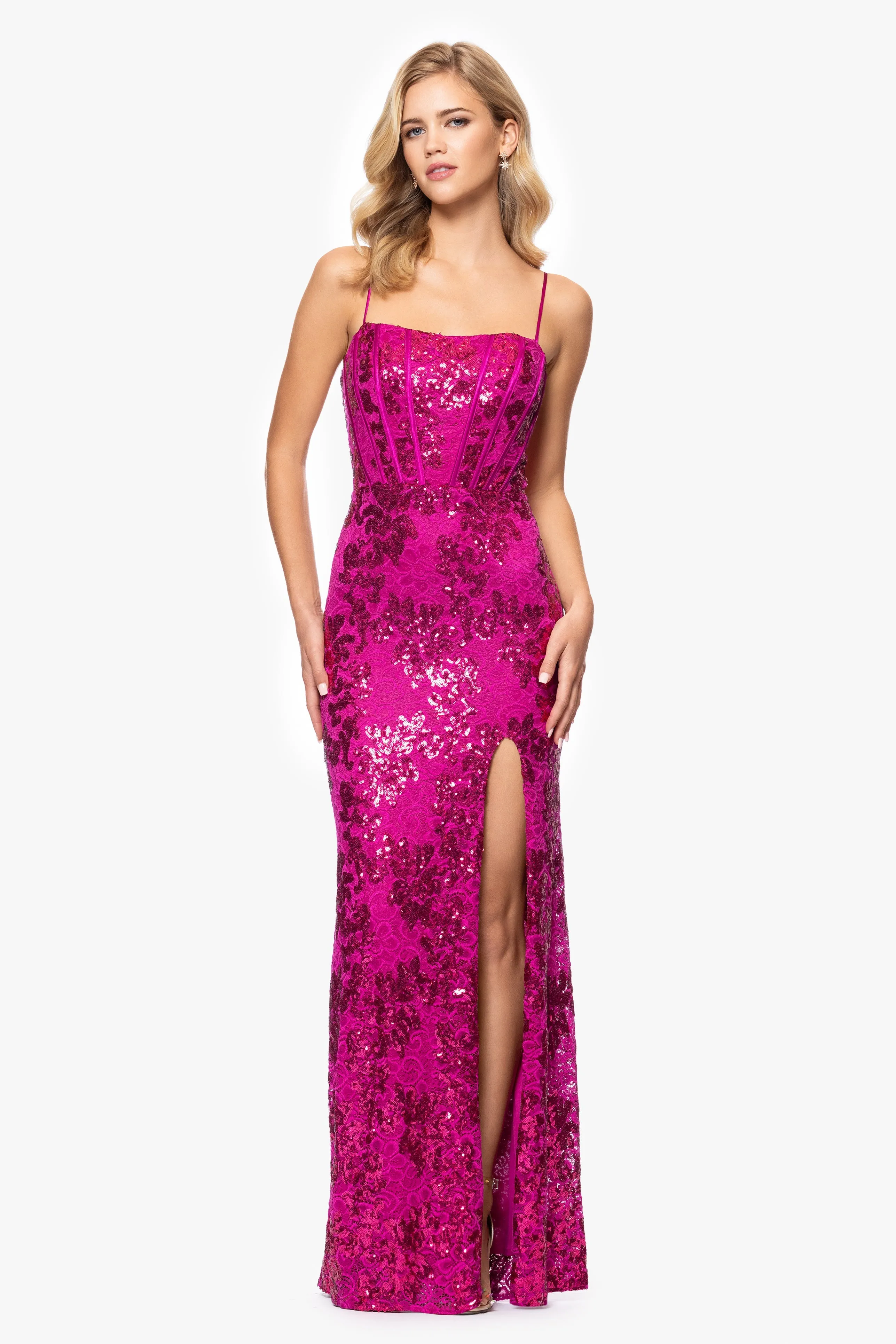 Blondie Nites "Annie" Long Sequin Lace Corset Dress sold by Betsy & Adam