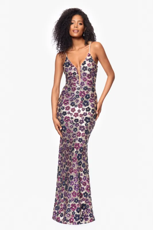 "Rava" Sequin V-Neck Illusion Mesh Insert Floor Length Dress sold by Betsy & Adam