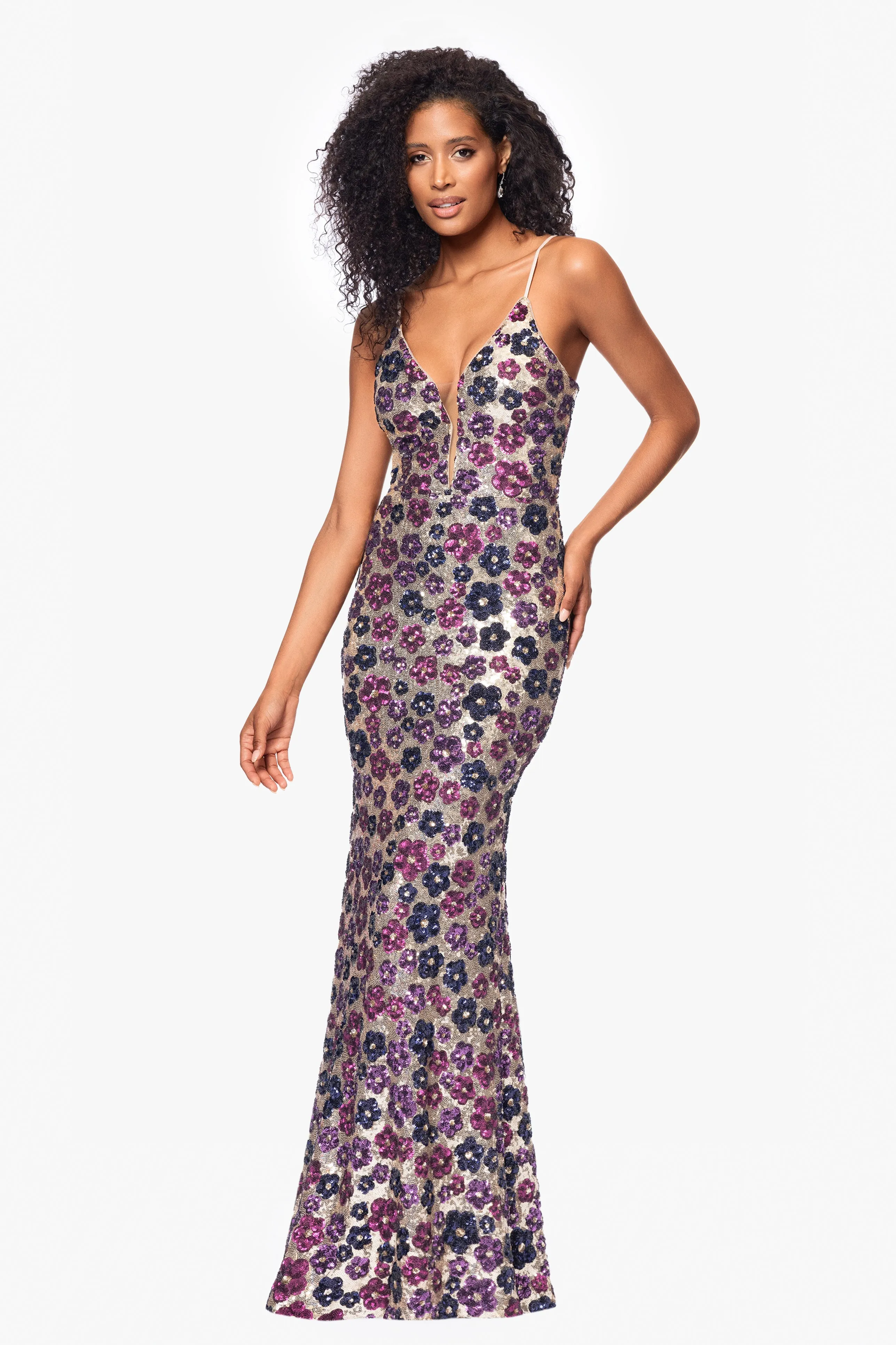 "Rava" Sequin V-Neck Illusion Mesh Insert Floor Length Dress sold by Betsy & Adam product image thumbnail 4