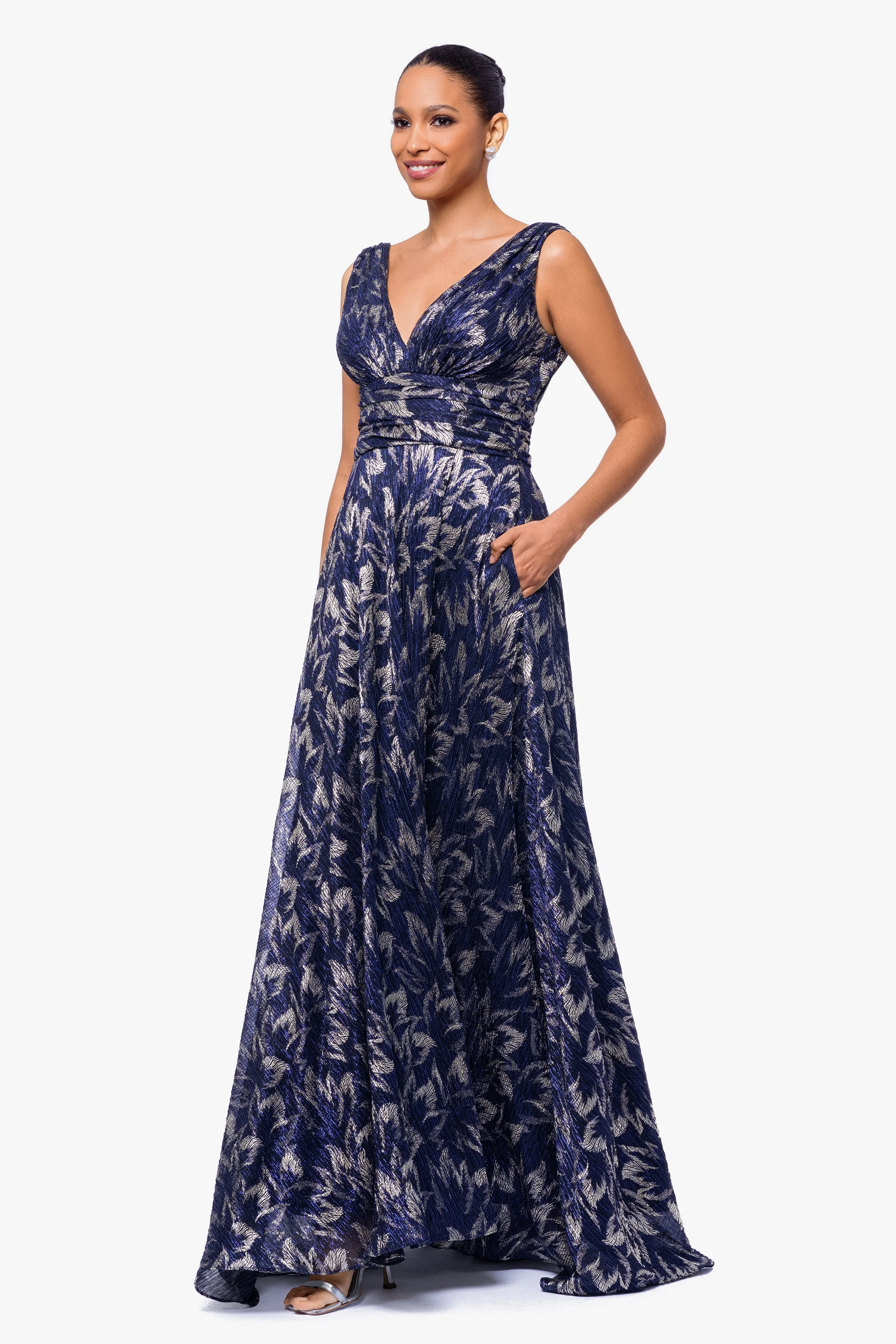 "Charlene" Long Metallic Crinkle V-Neck Floor Length Dress sold by Betsy & Adam product image thumbnail 4