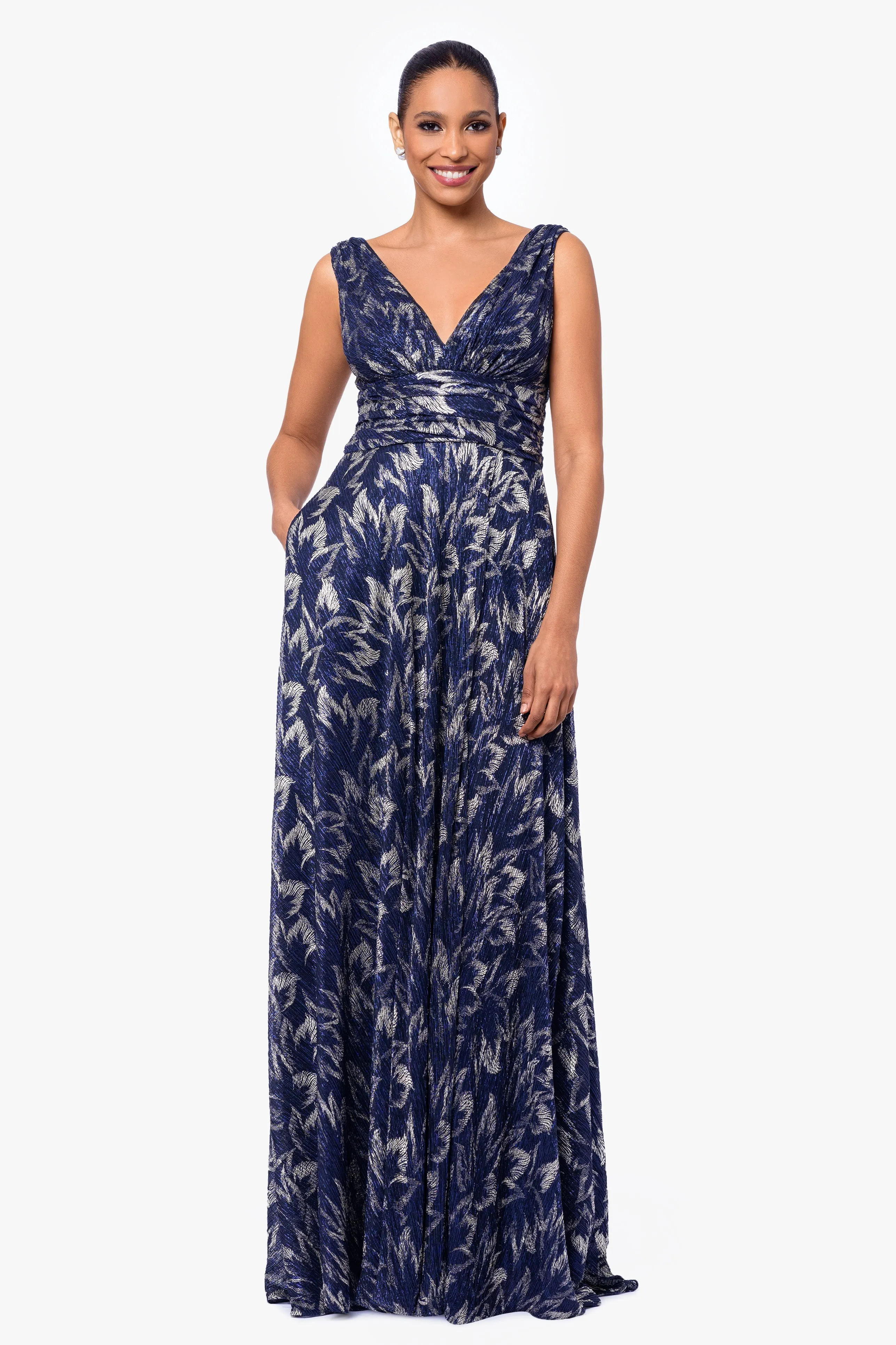 "Charlene" Long Metallic Crinkle V-Neck Floor Length Dress sold by Betsy & Adam