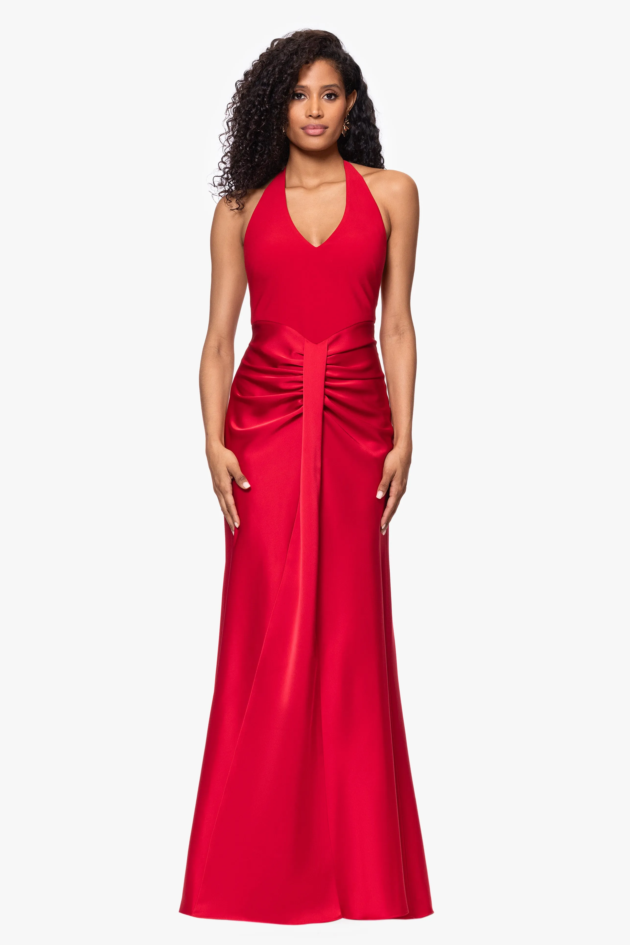 "Roxy" Jersey Knit Halter Neck With Satin Skirt Floor Length Dress sold by Betsy & Adam